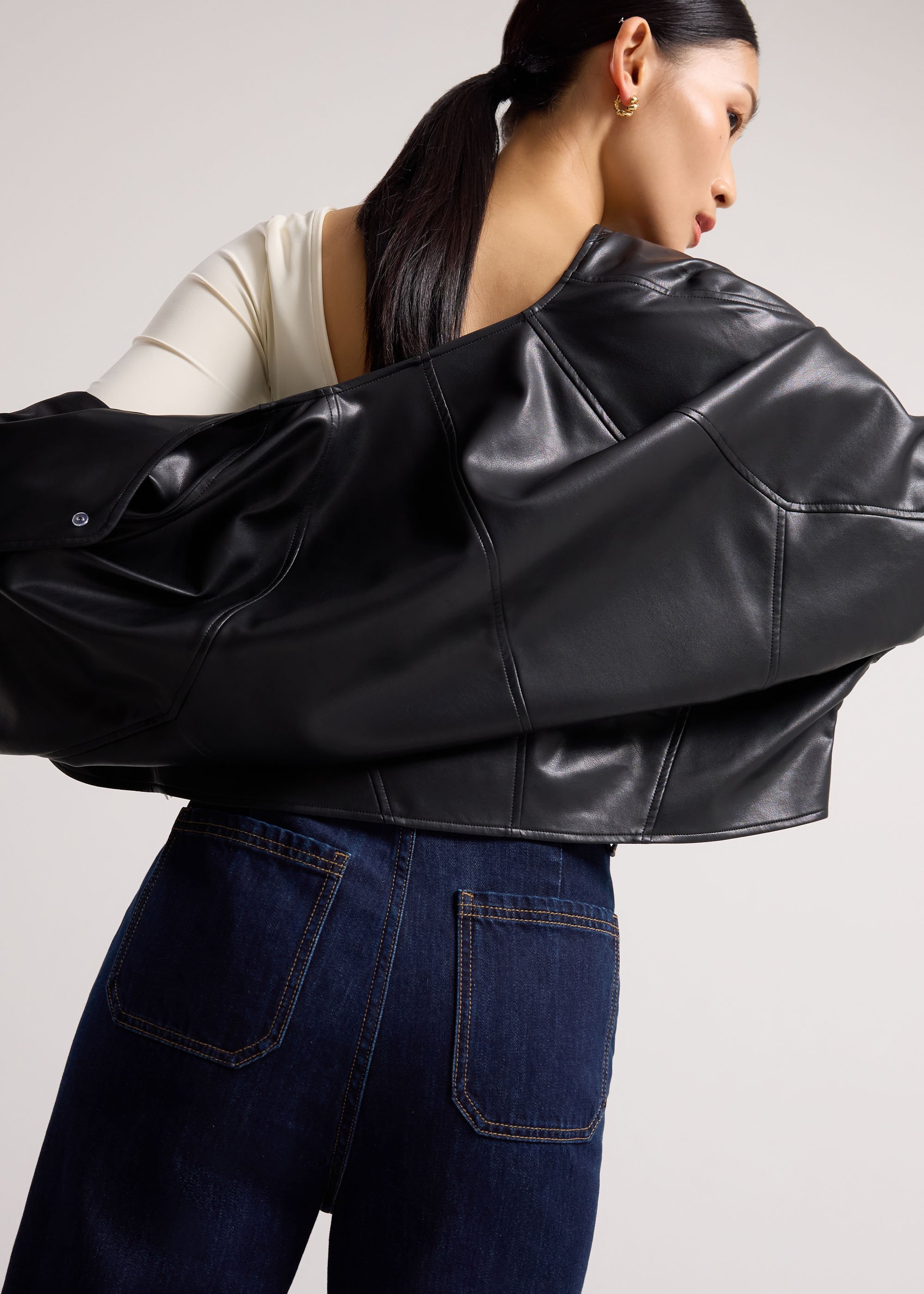 Relaxed Vegan Leather Collarless Button Down Jacket Love, Bonito
Relaxed Vegan Leather Collarless Button Down Jacket Love, Bonito