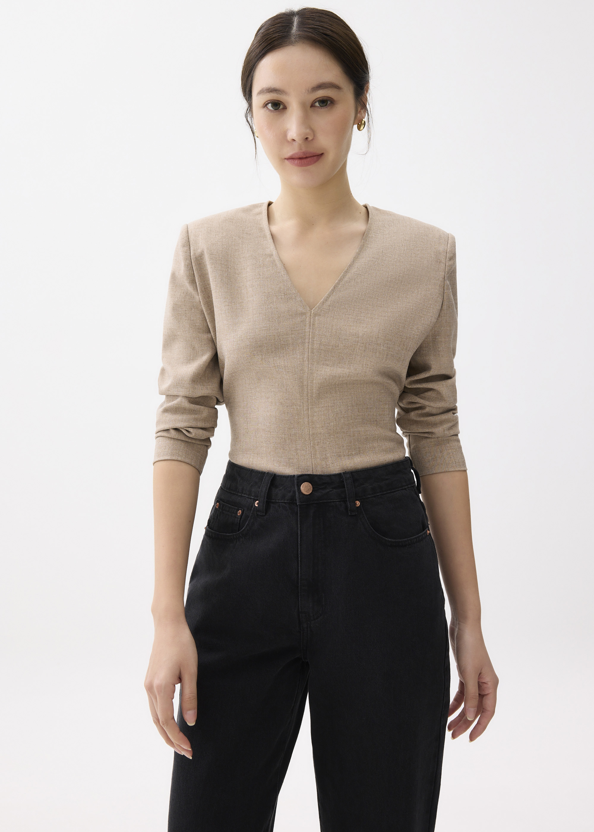 

Moon Shoulder Padded Melange V-neck Top-235-XXS