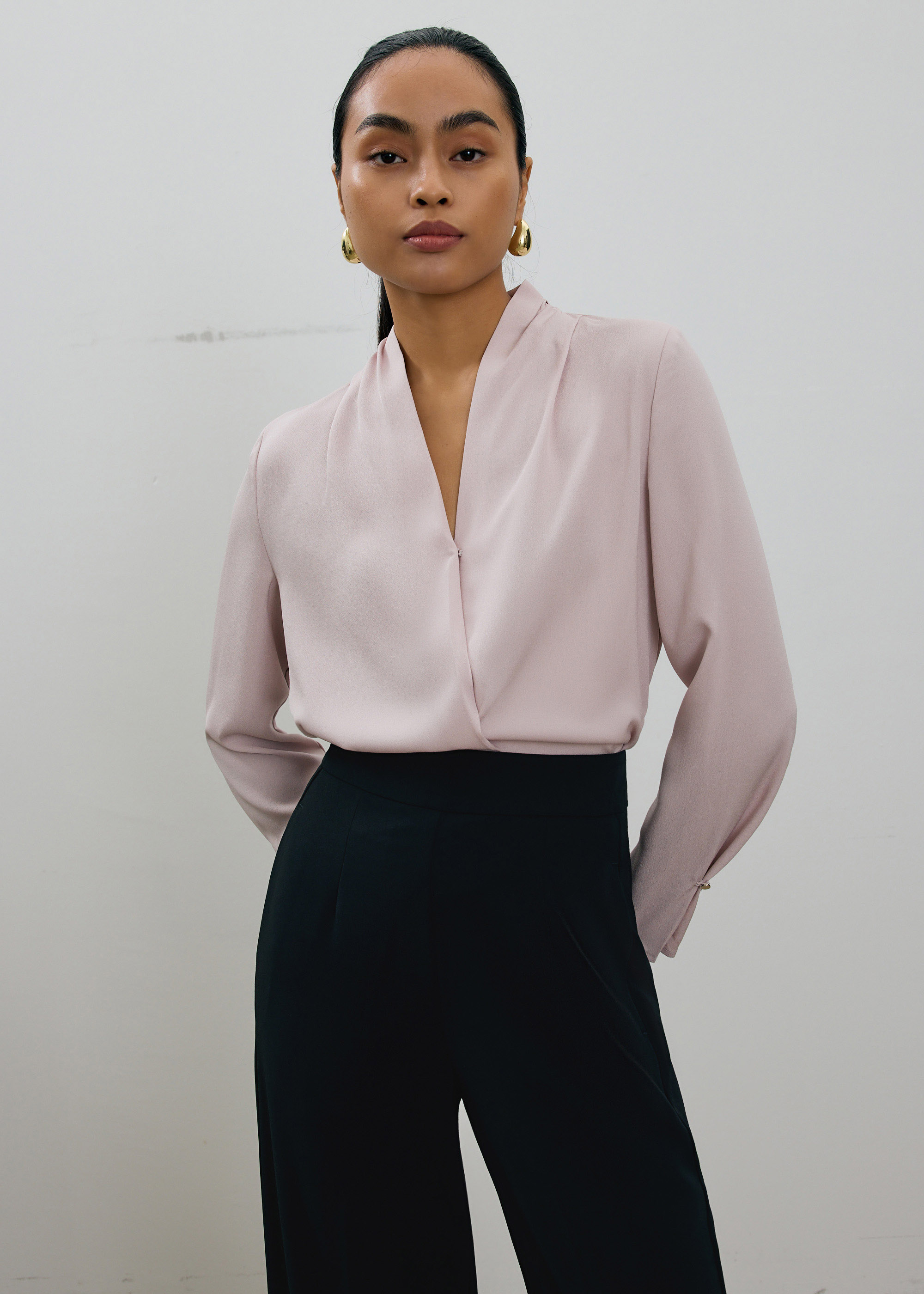 

RuchedReady® Ada V-neck Satin Wrap Blouse-027-XS