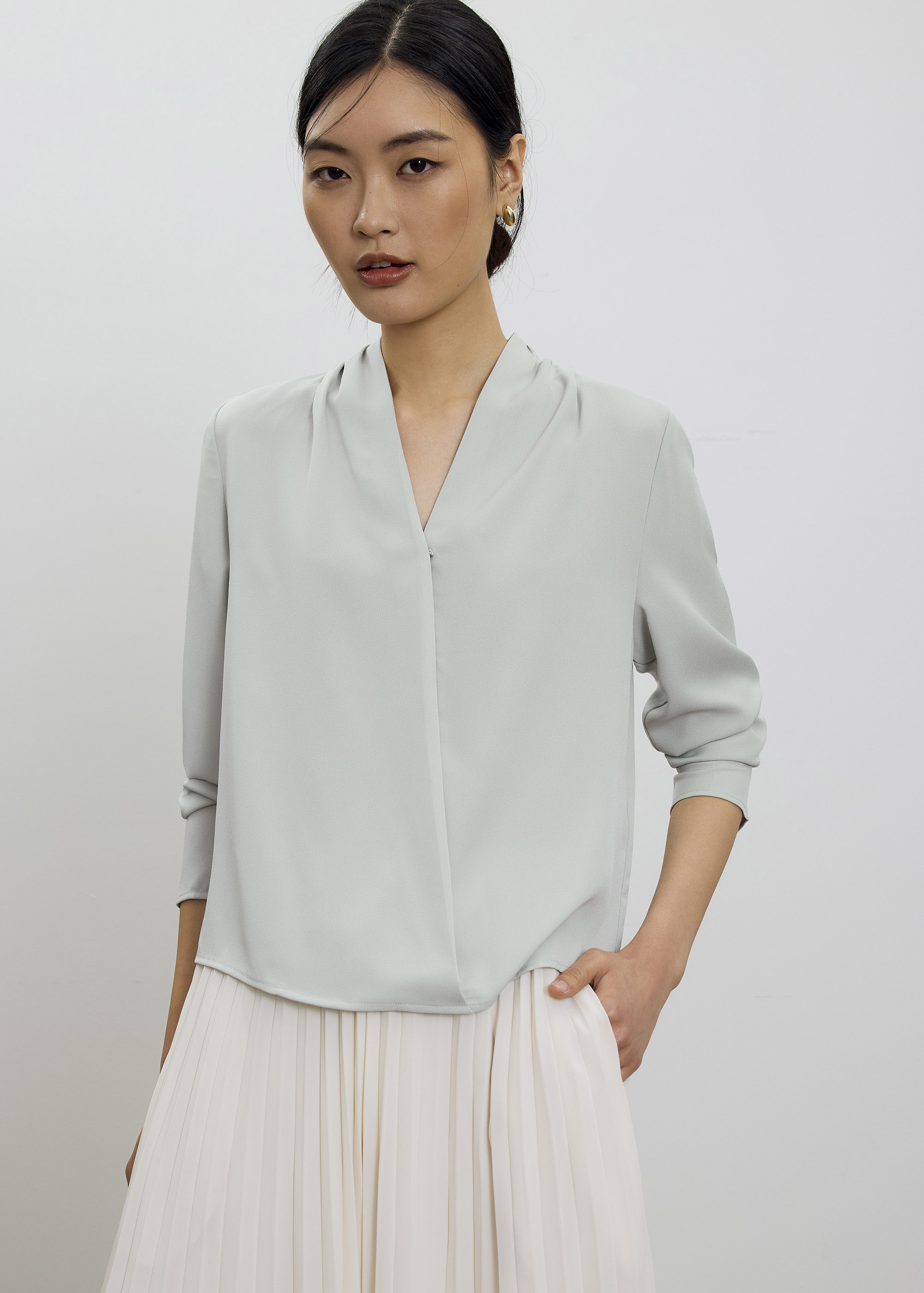 

RuchedReady® Ada V-neck Satin Wrap Blouse-441-XXL