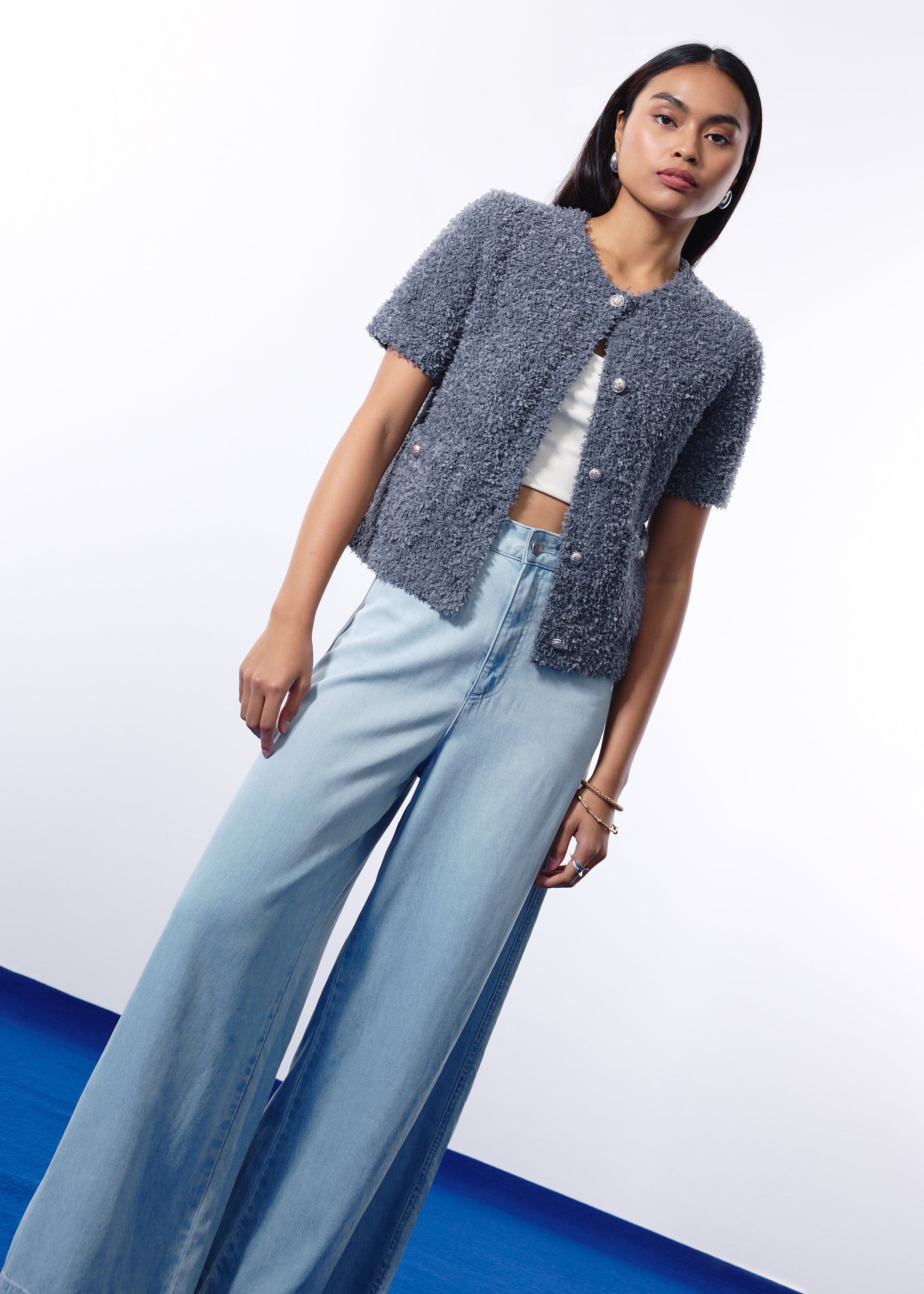

Ella Fuzzy Knit Boxy Button Down Top