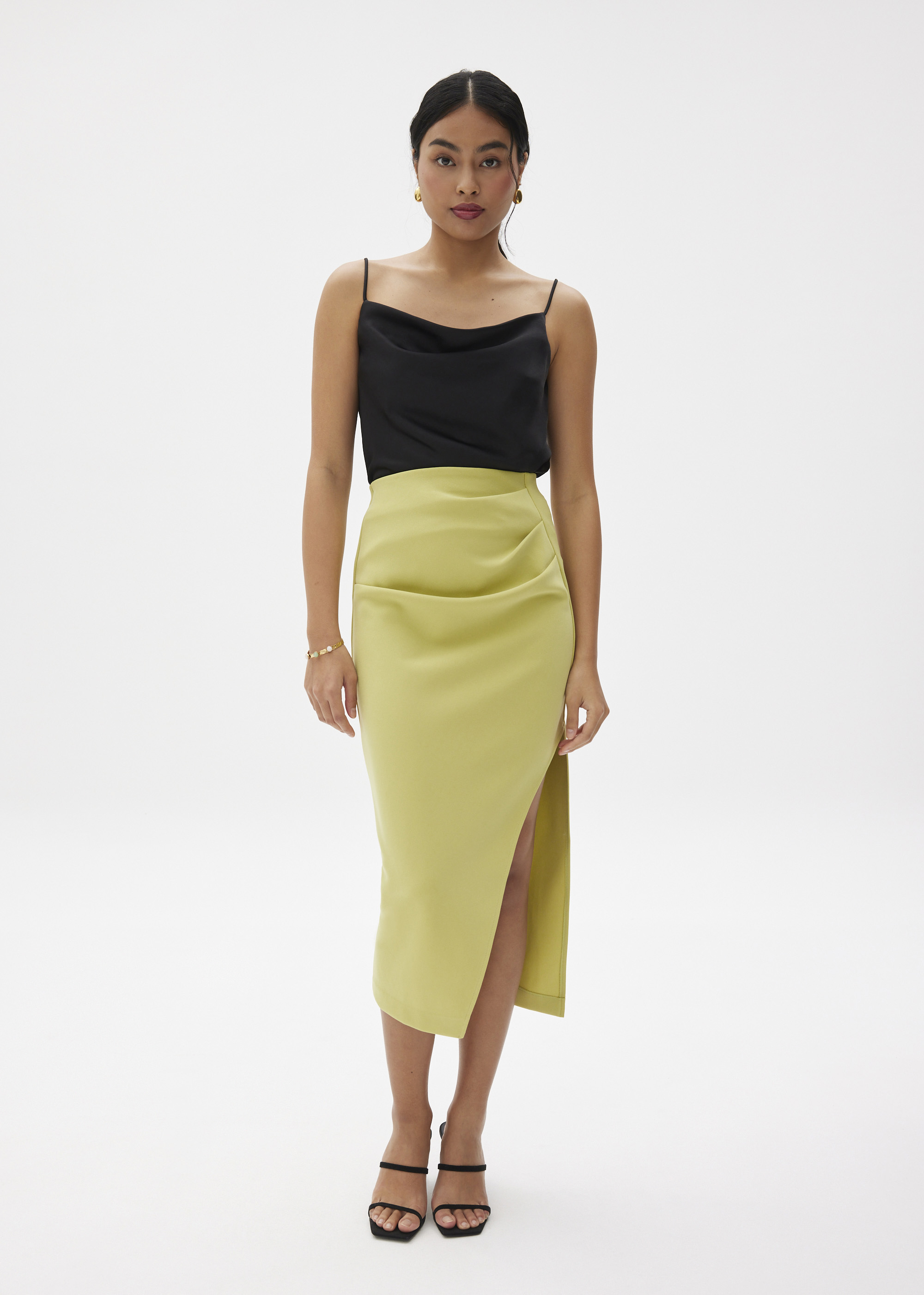 

Divya Asymmetric Drape Midi Skirt-253-XL