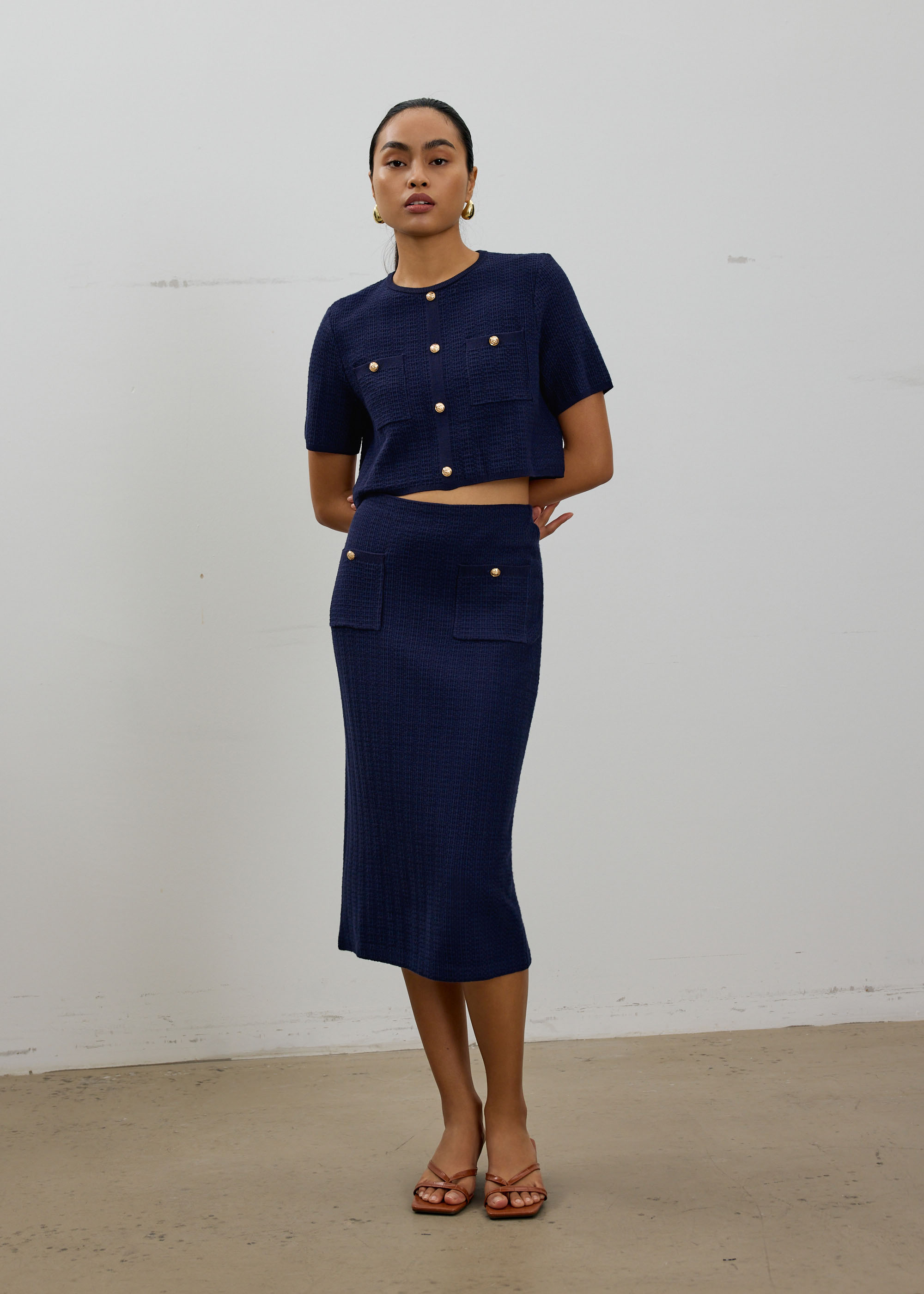 Yoko Elastic Textured Knit Midi Skirt-052-XXS