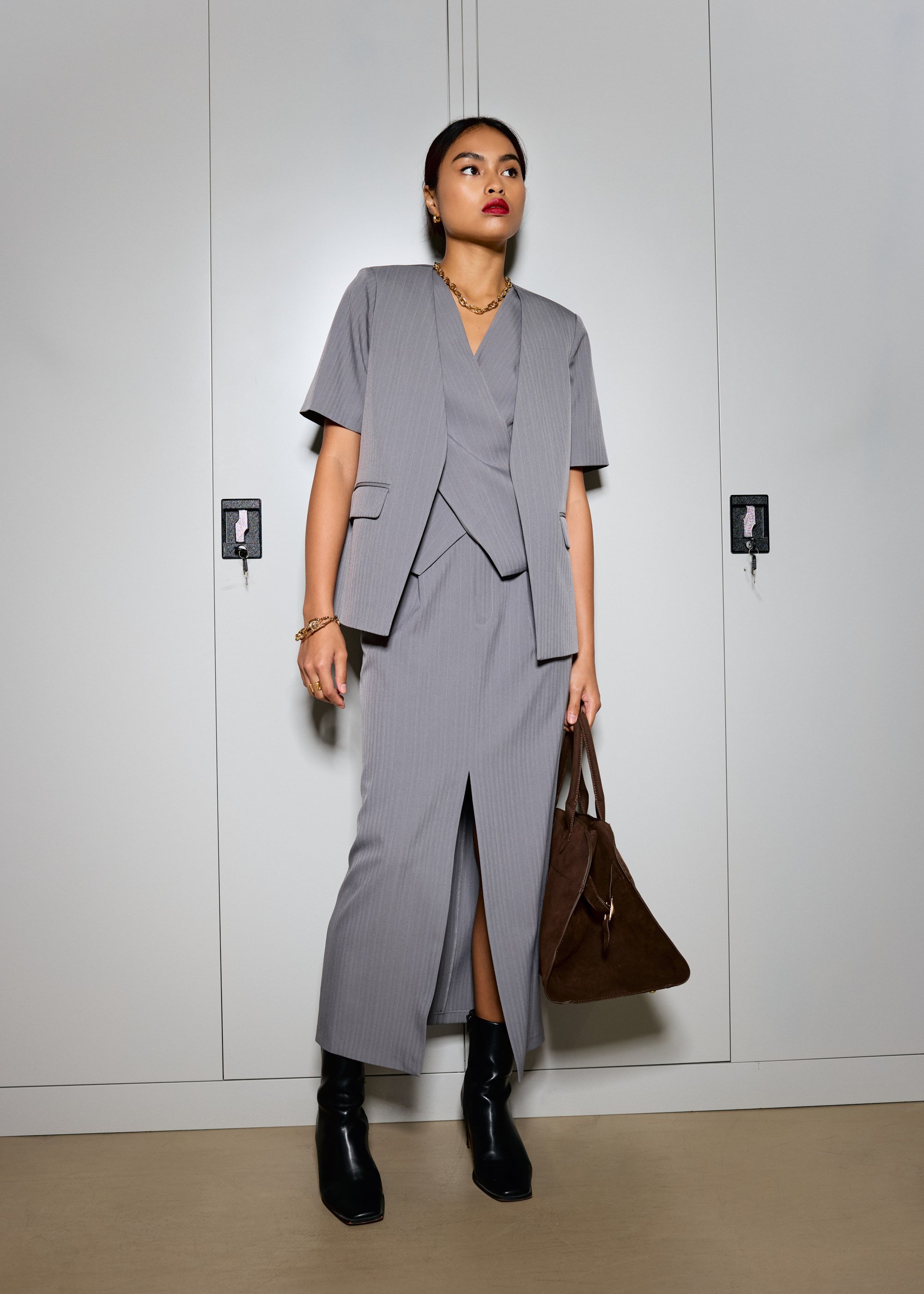 

Blake Tailored Pinstripe Front Slit Column Maxi Skirt Love, Bonito