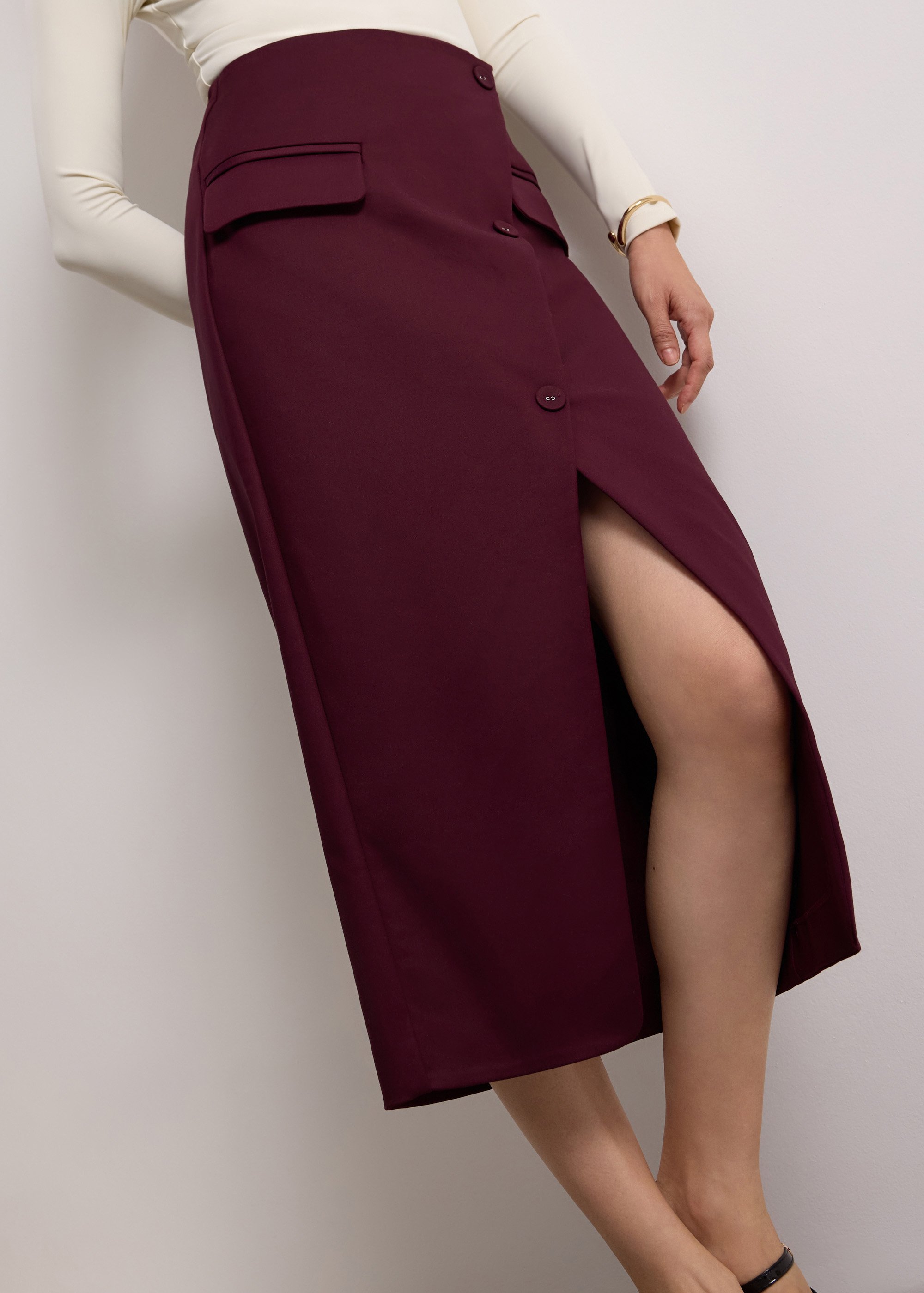 

Shuri Asymmetric Front Slit Column Midi Skirt Love, Bonito