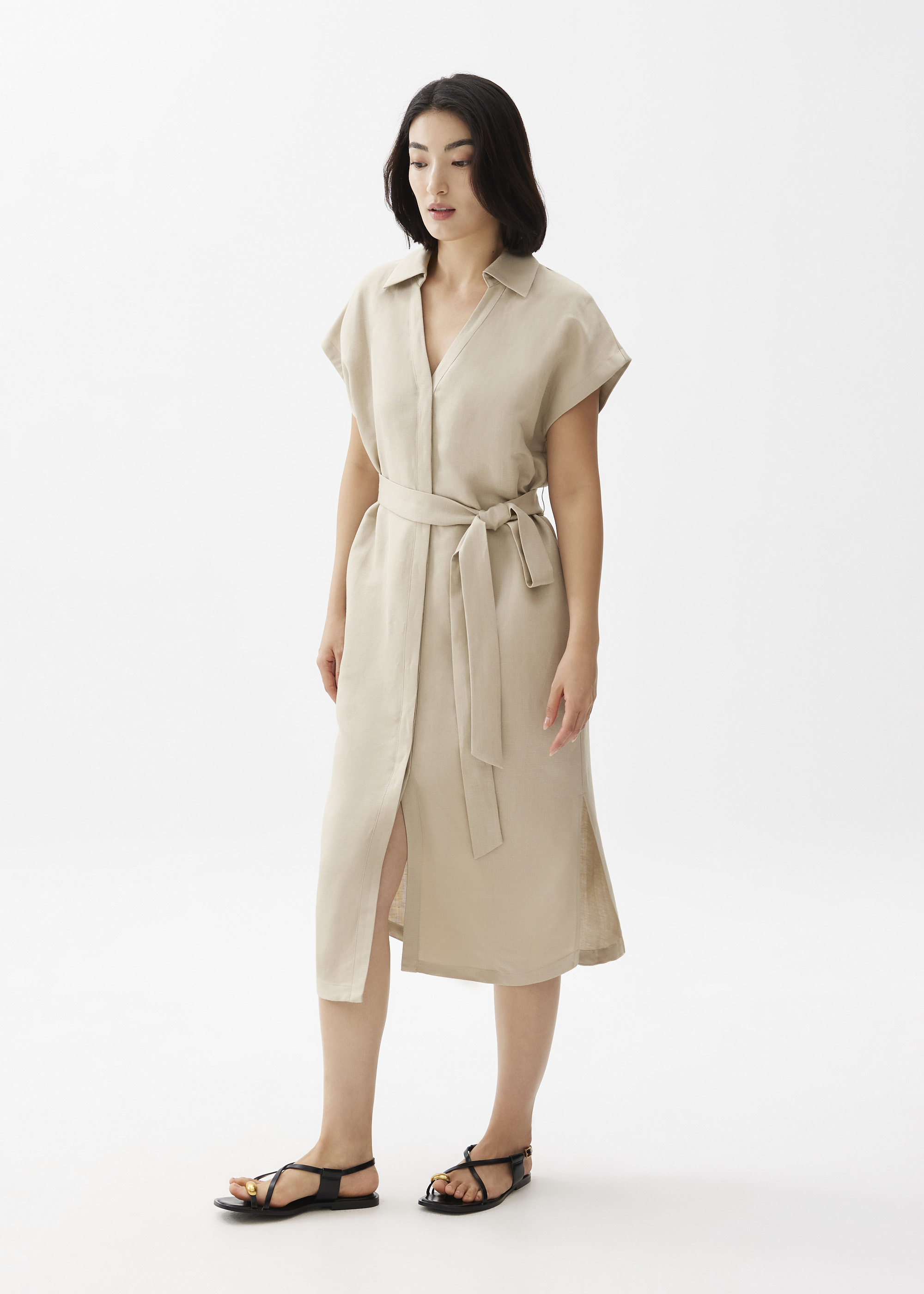 

Suri Classic Linen Belted Shirt Dress-042-XXS