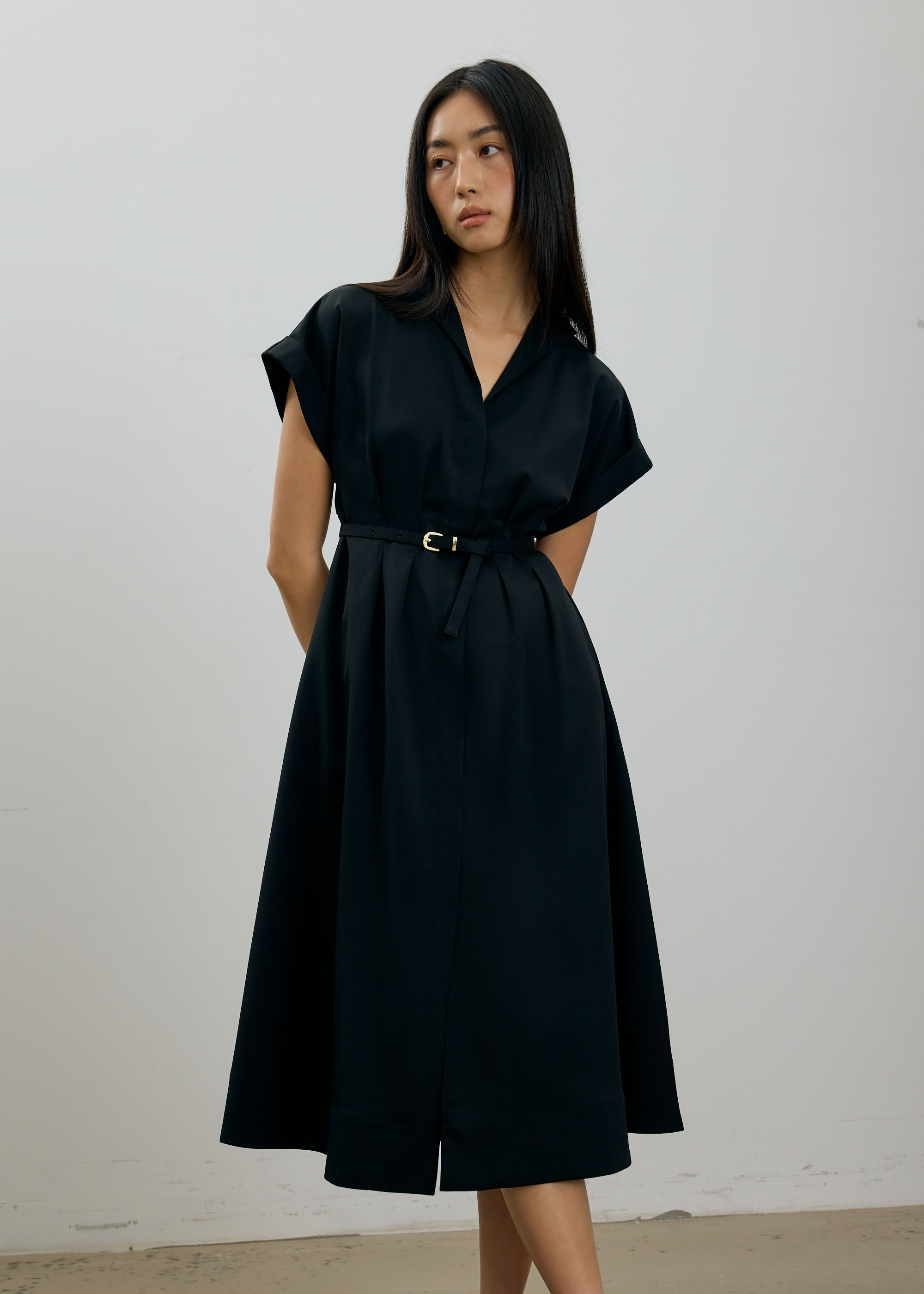 

Zhu Belted V-neck Fit and Flare Midi Dress-014-XS