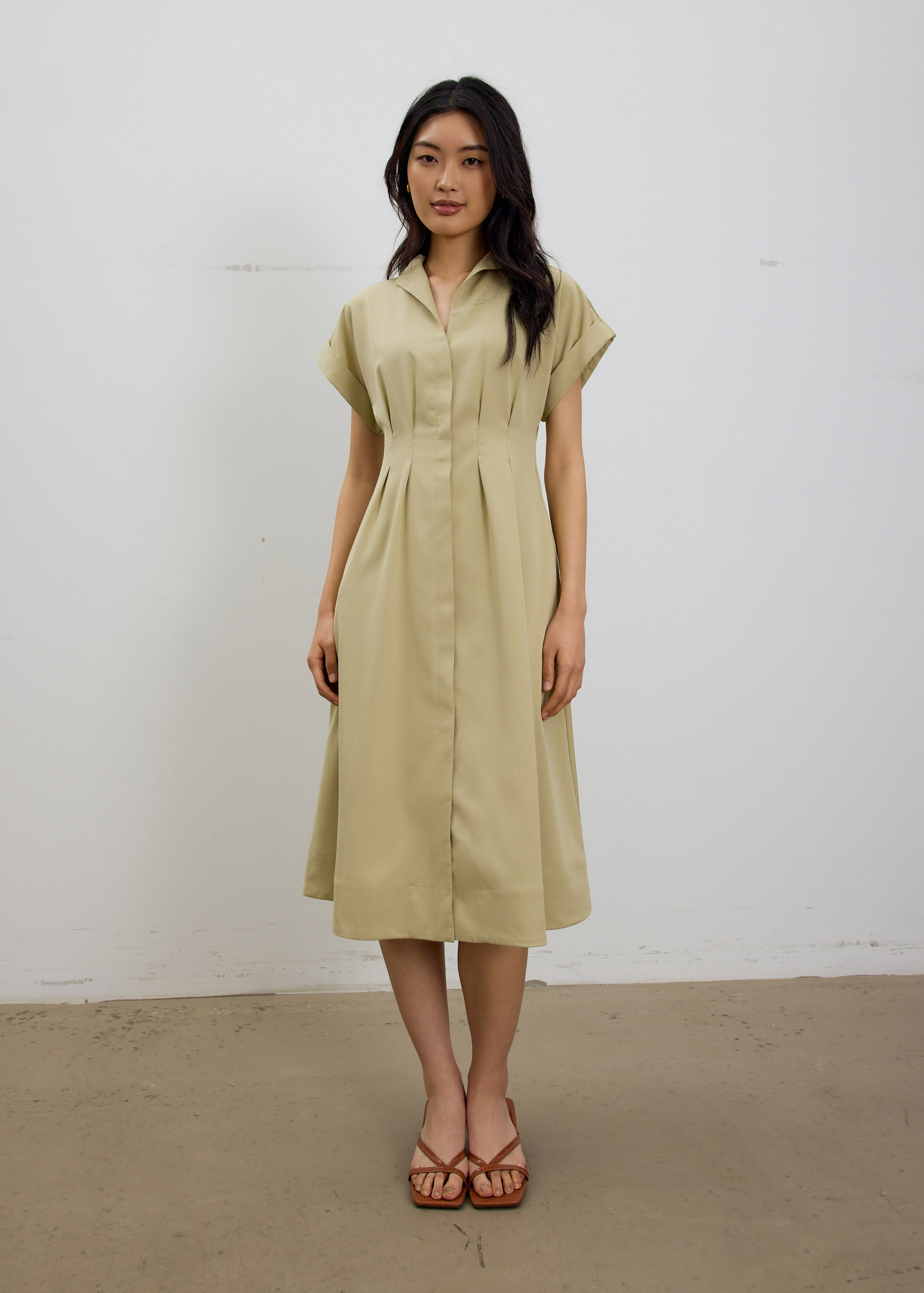 

Zhu Belted V-neck Fit and Flare Midi Dress-049-XXS