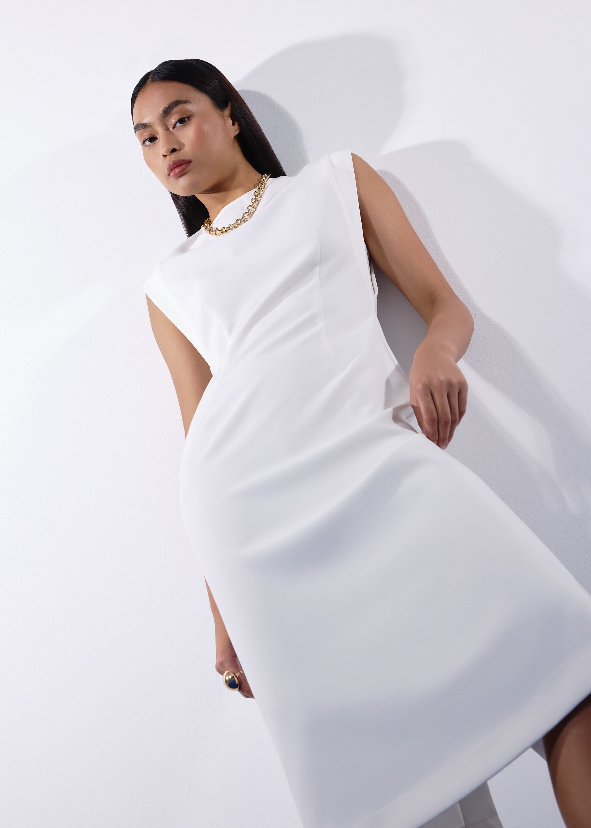

Eika Panelled Cap Sleeve Column Midi Dress Love, Bonito
