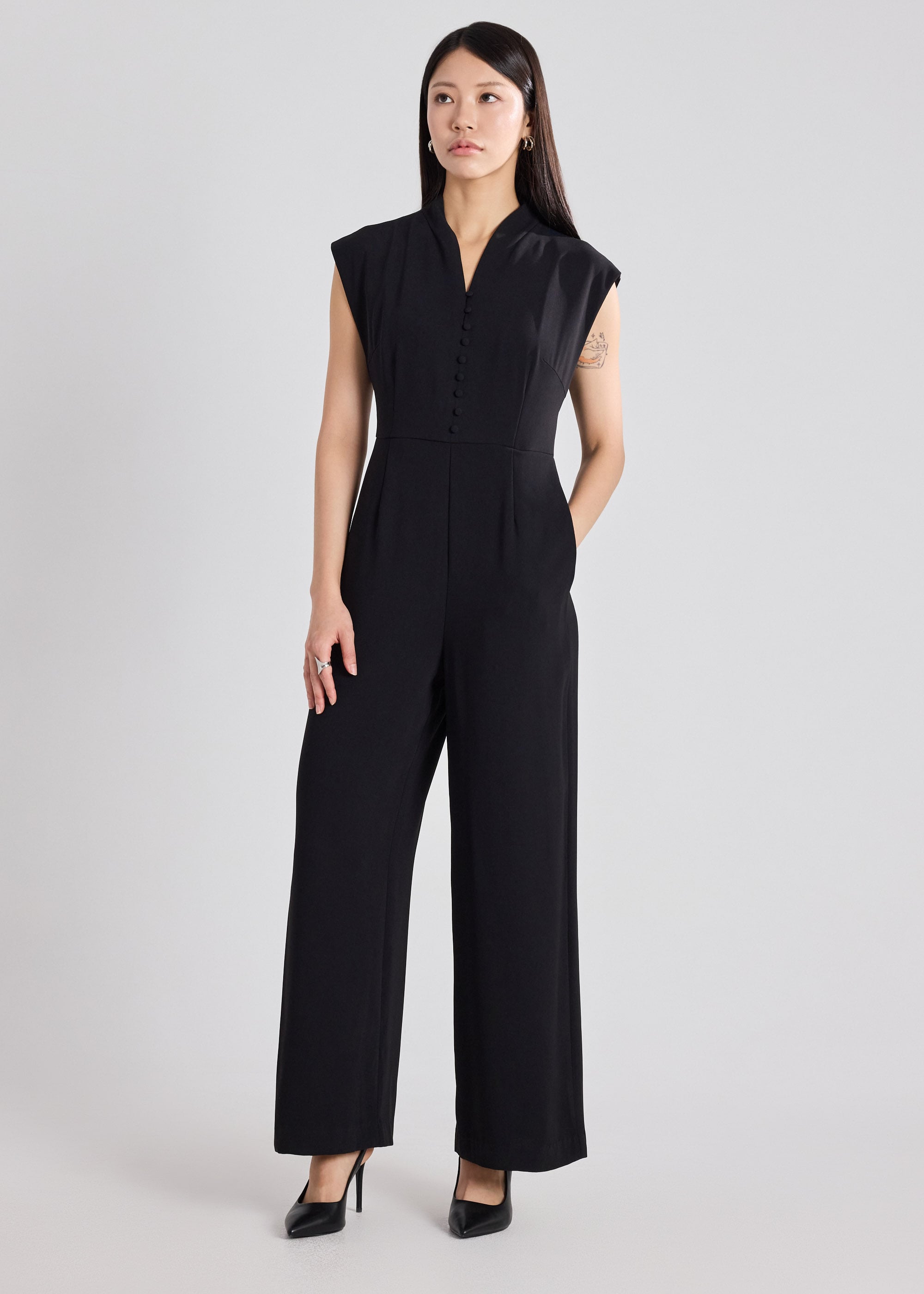Crepe Mandarin Collar Jumpsuit Love, Bonito: retailer-supplied image