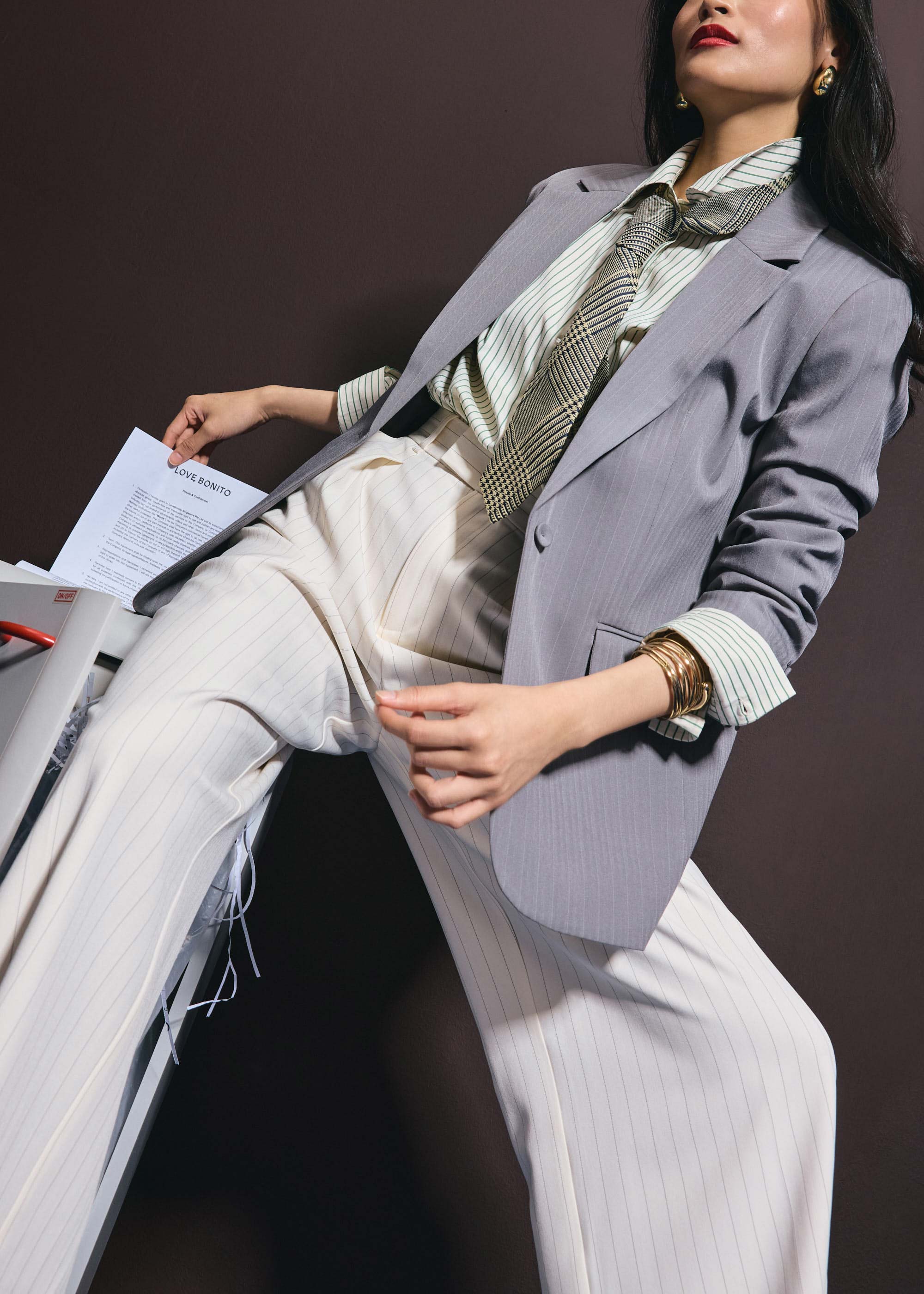 

RuchedReady® Rachel Pinstripe Adjustable Waist Blazer Love, Bonito