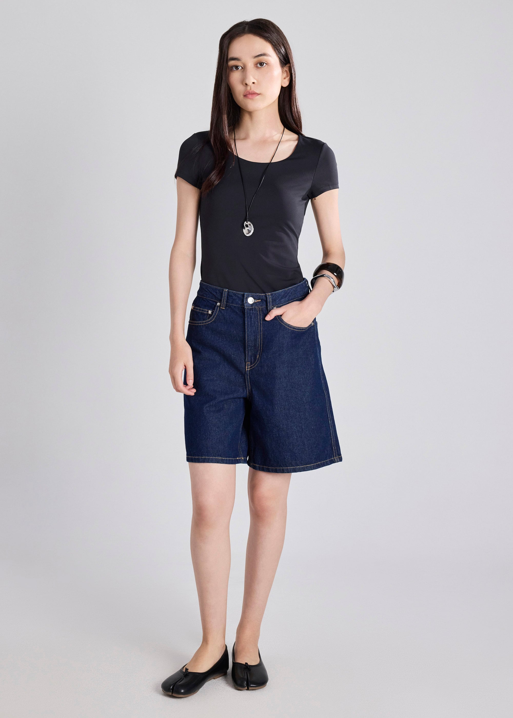 Megan Denim Mid Waist Bermuda Shorts Love, Bonito: retailer-supplied image