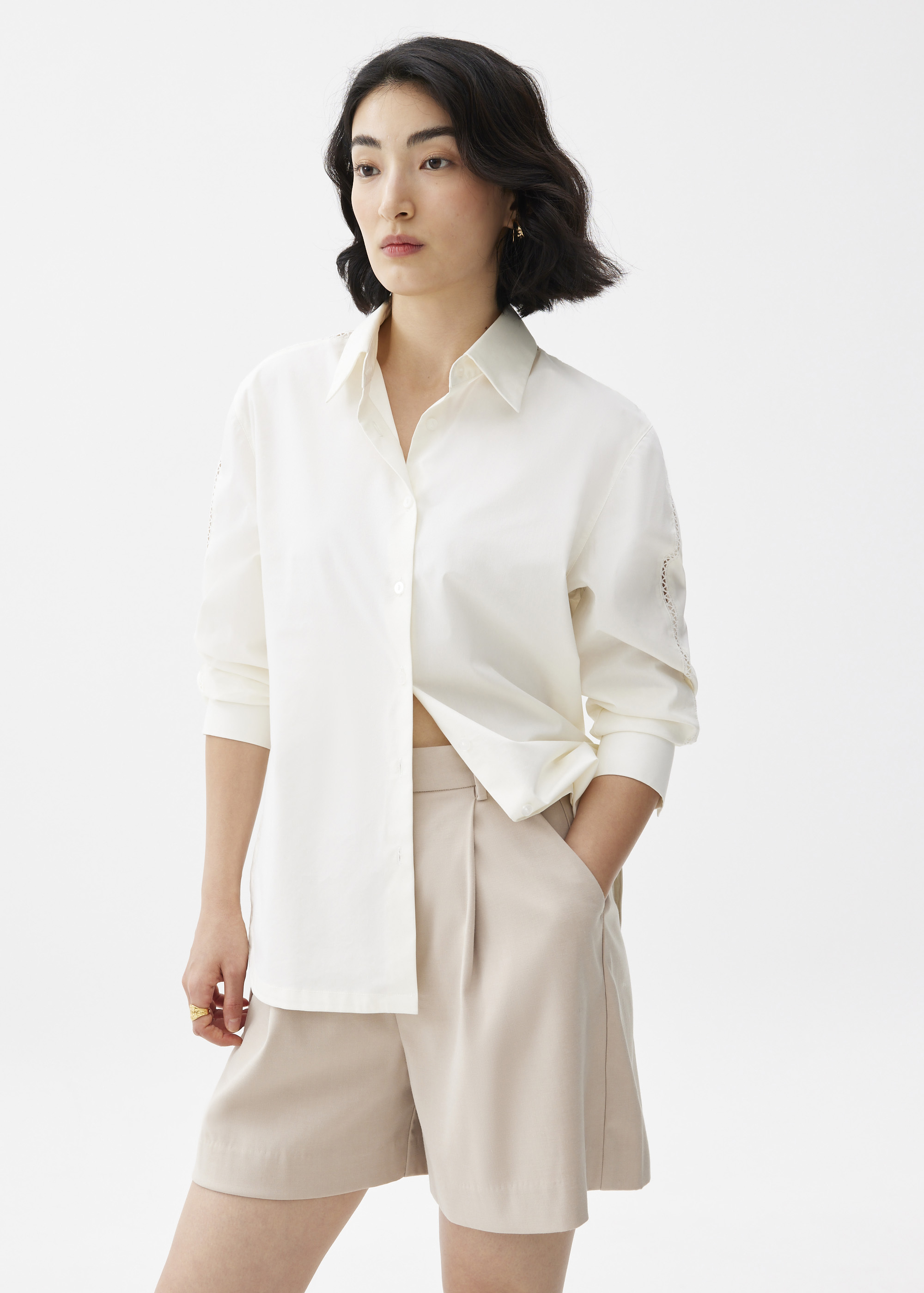 

Cotton Lace Trim Collared Shirt-031-XL