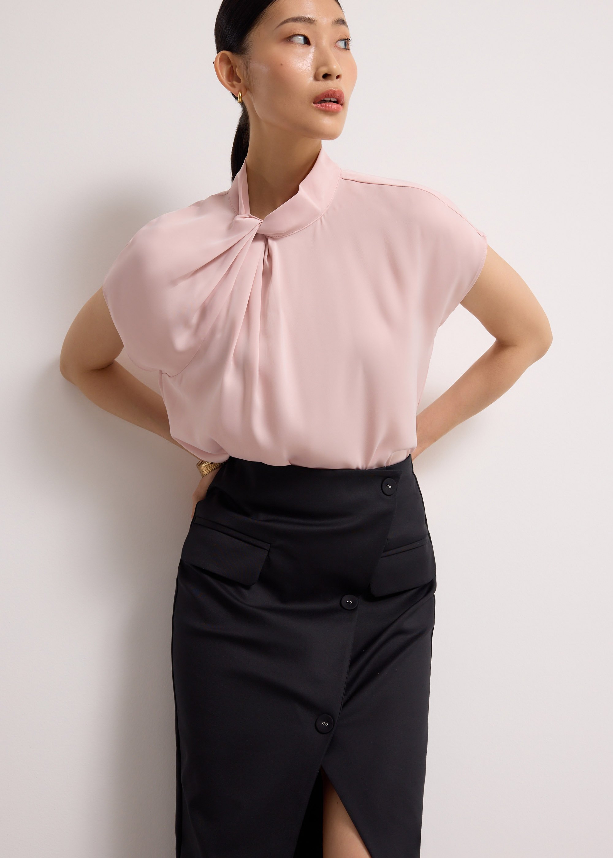 

Satin Drape Collared Blouse Love, Bonito