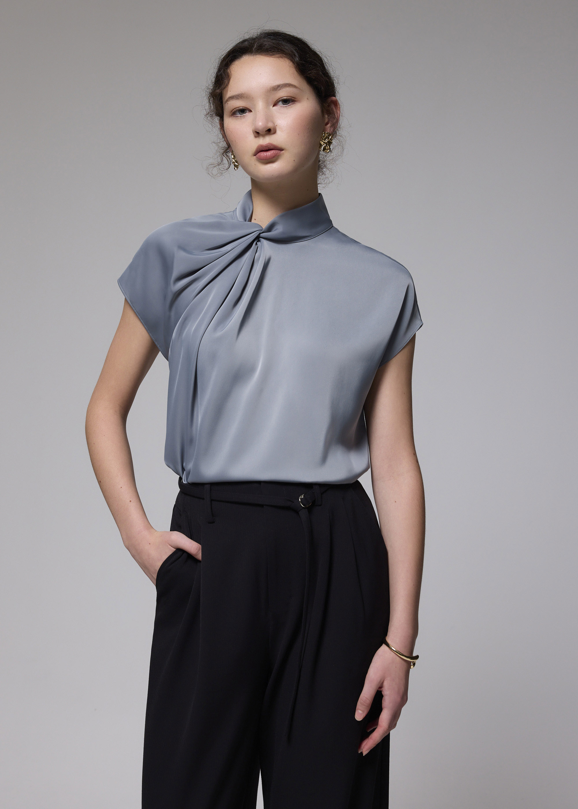 

Satin Drape Collared Blouse-231-S