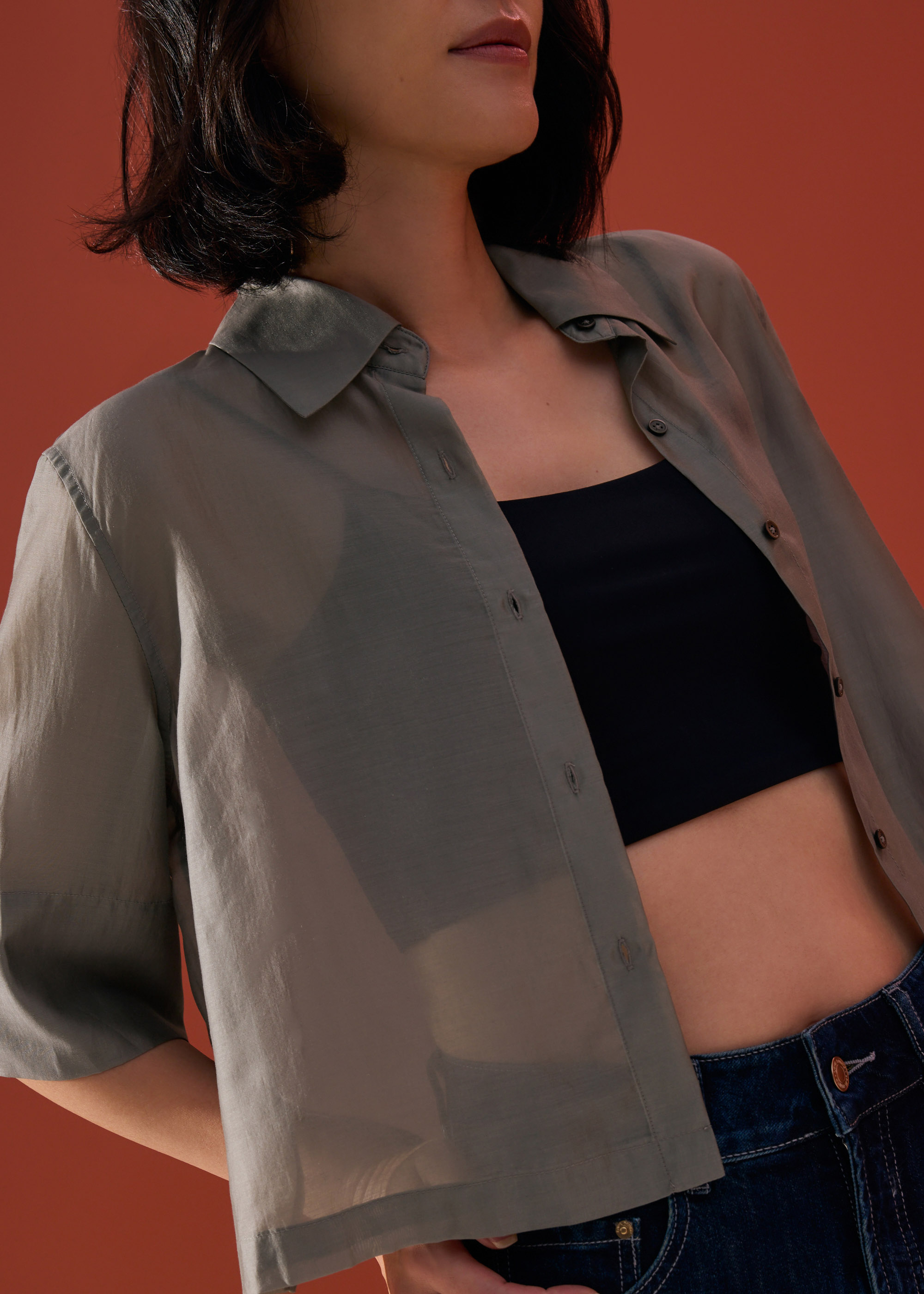 

Sheer Boxy Button Down Crop Shirt
