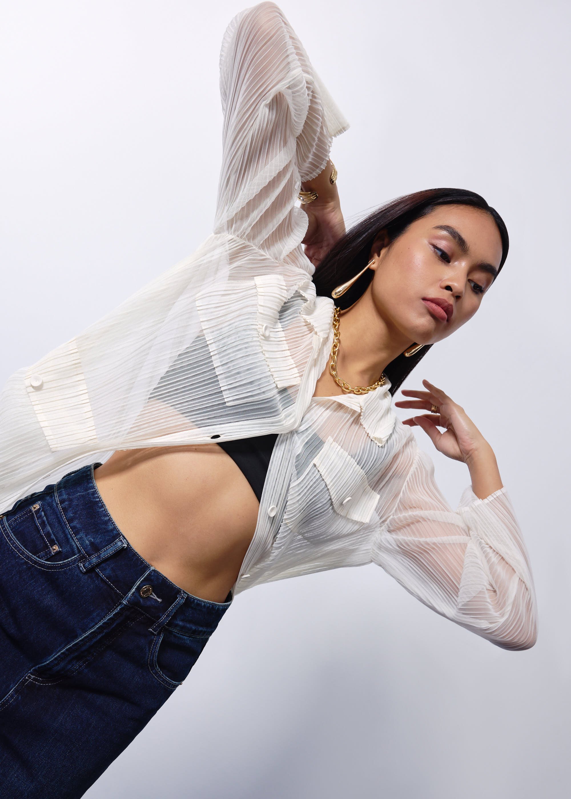 

Sheer Plisse Collared Button Down Shirt Love, Bonito