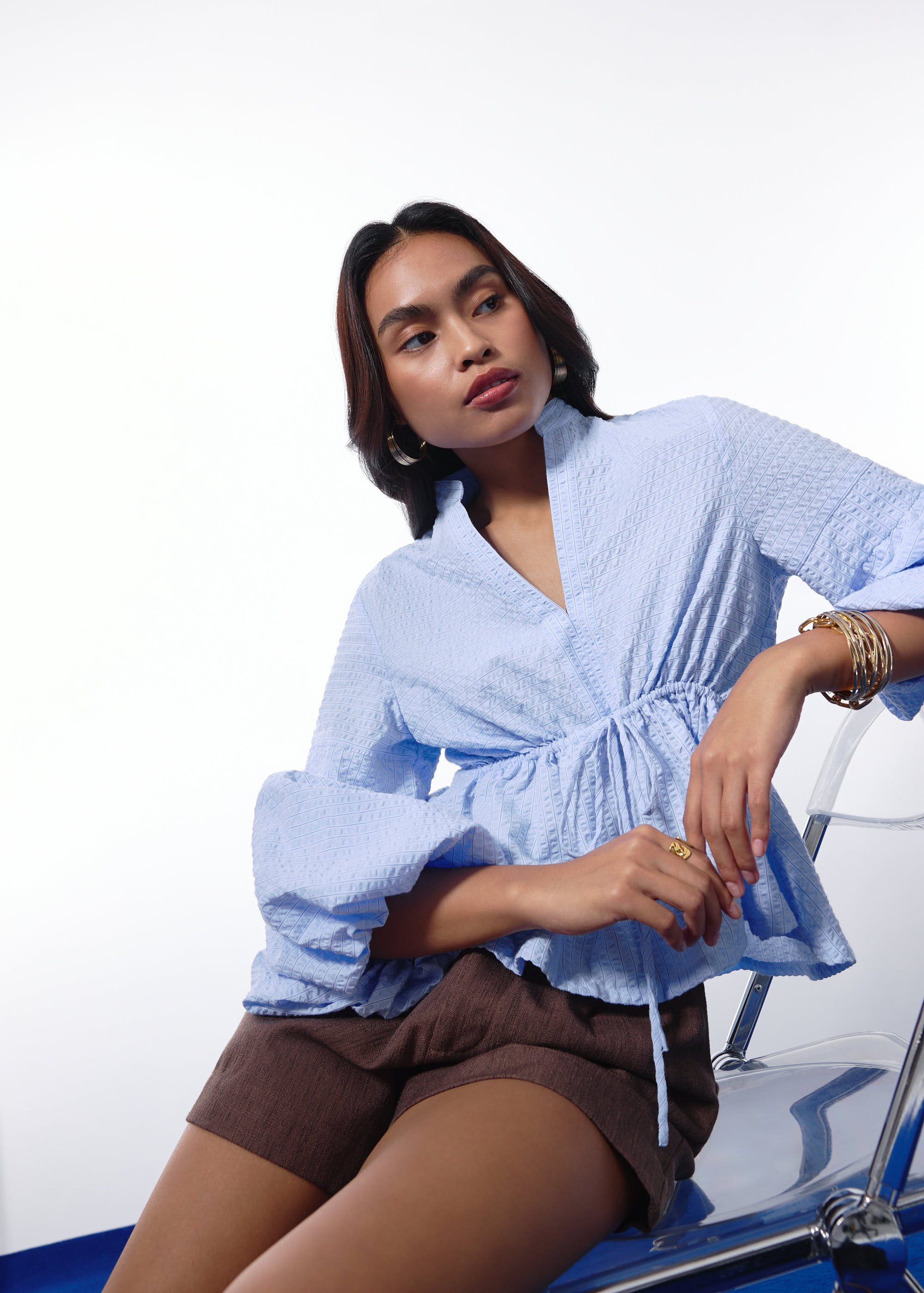 

Pinstripe Seersucker Notched Puff Sleeve Peplum Blouse