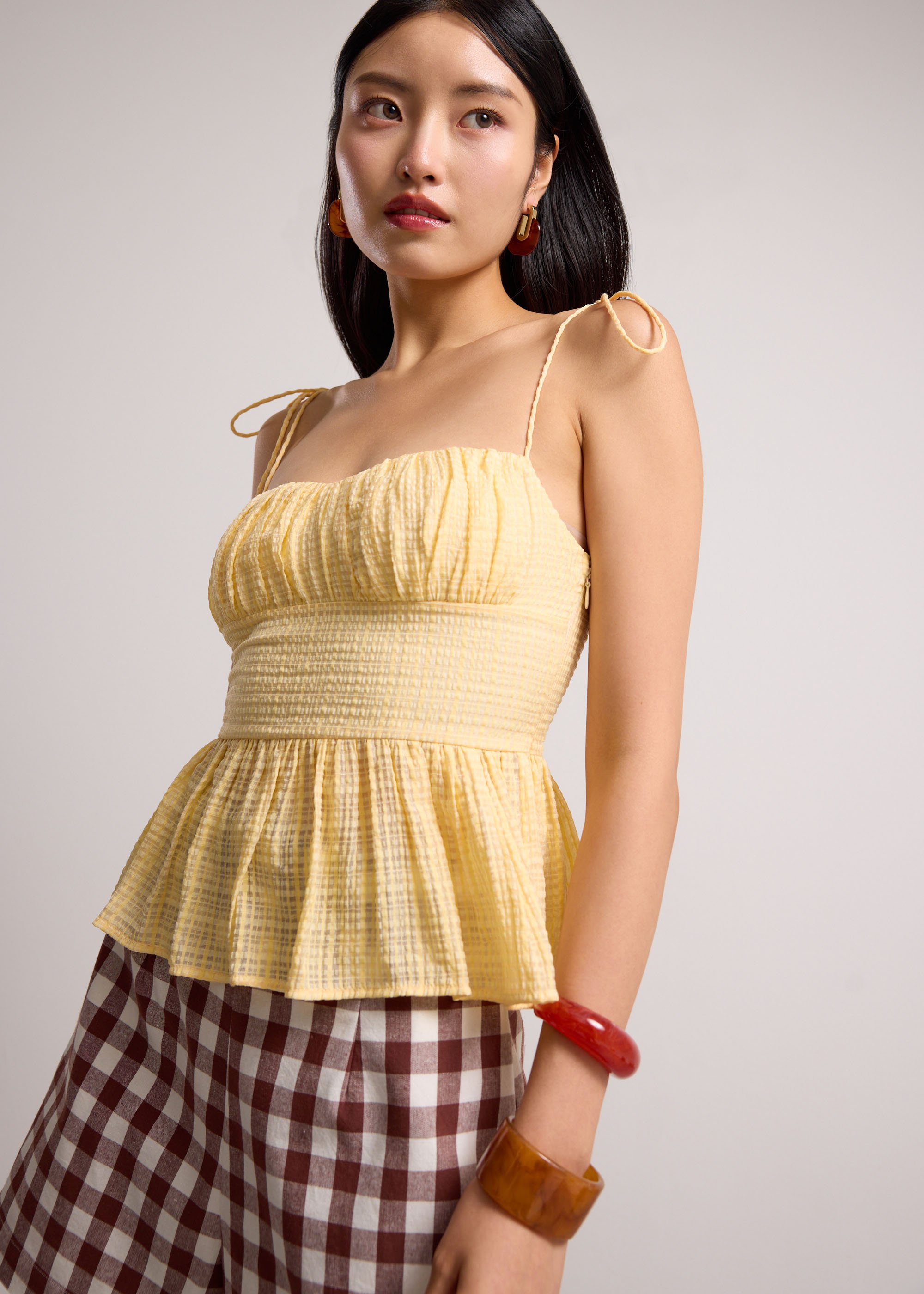 

Crinkled Check Lyocell Sweetheart Camisole Peplum Top Love, Bonito