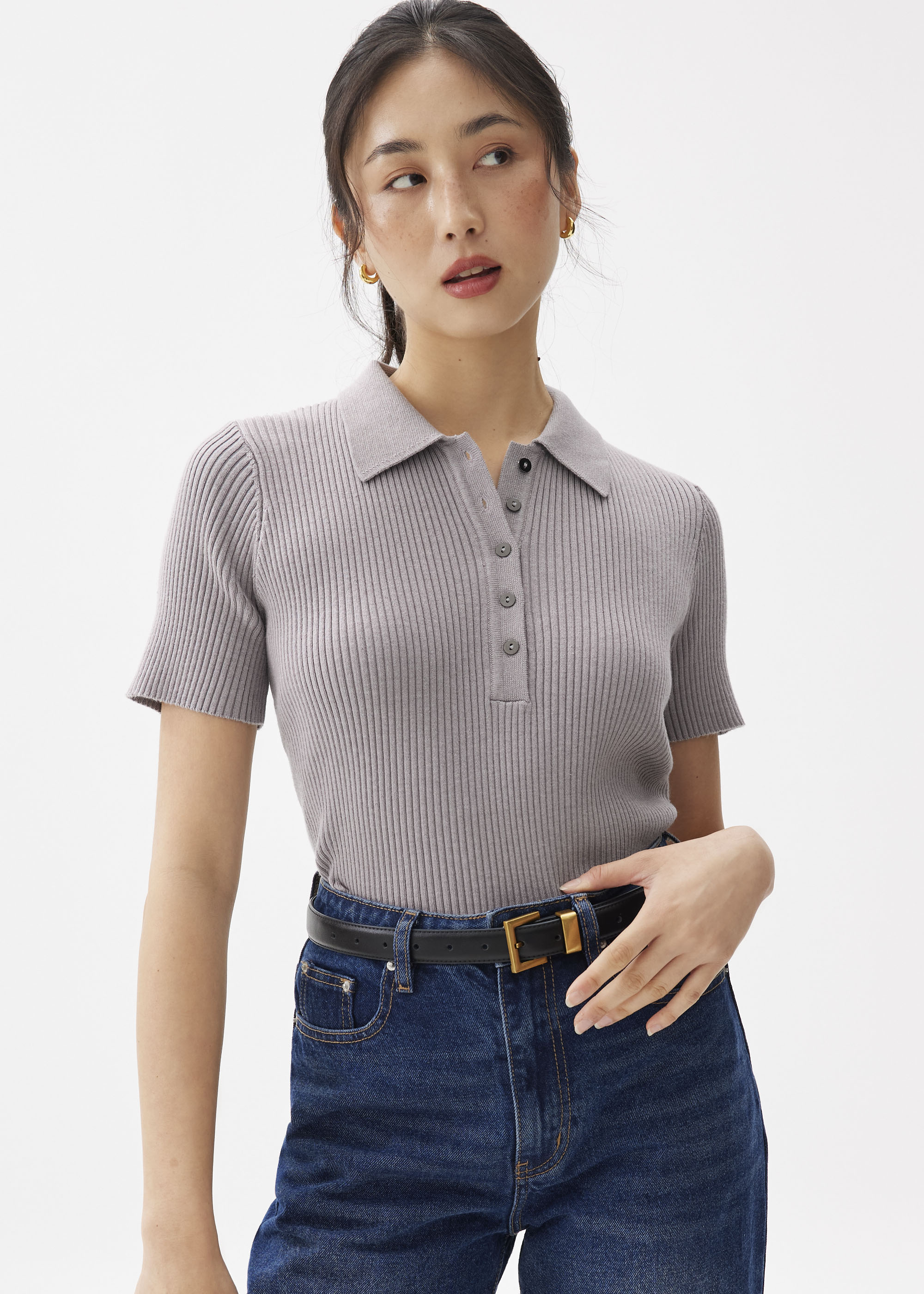 

Ribbed Knit Collared Top-365-M