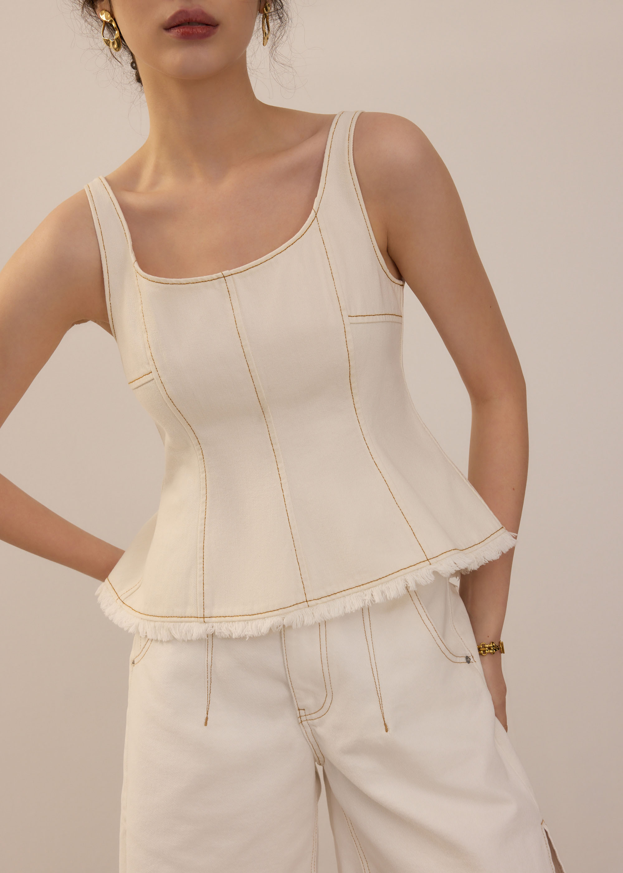 

Denim Scoop Neck Peplum Top