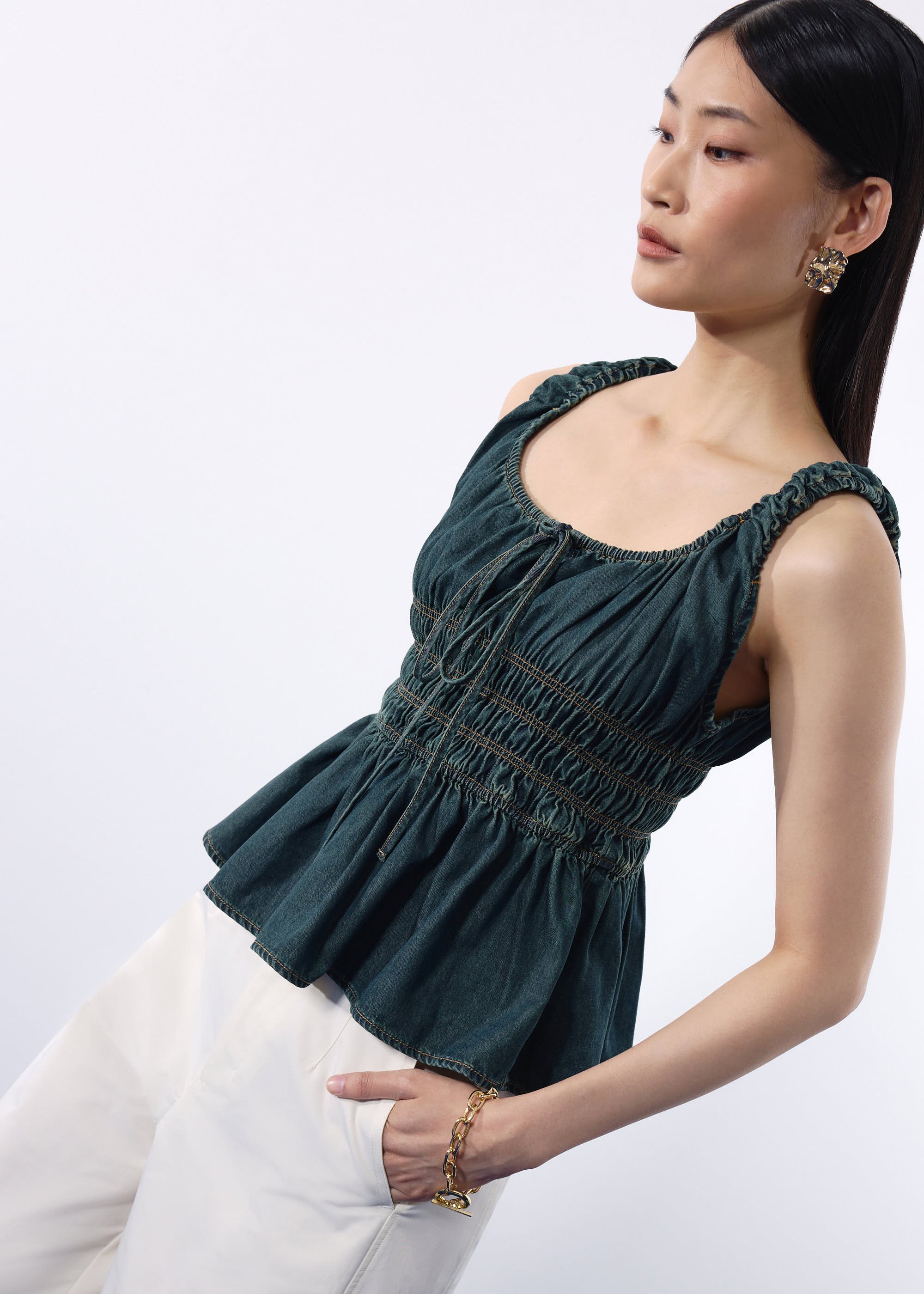 

Ruched Vintage Wash Denim Tunic Top Love, Bonito