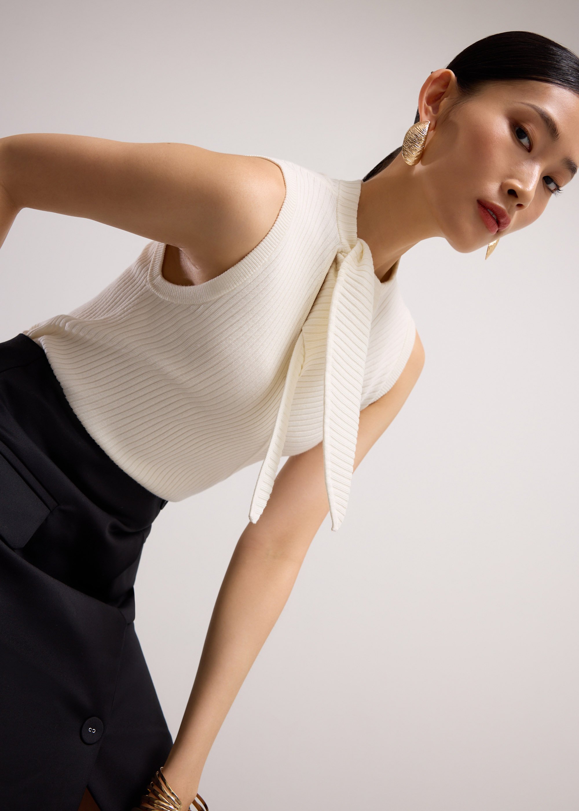 

Knit Front Tie Collared Top Love, Bonito