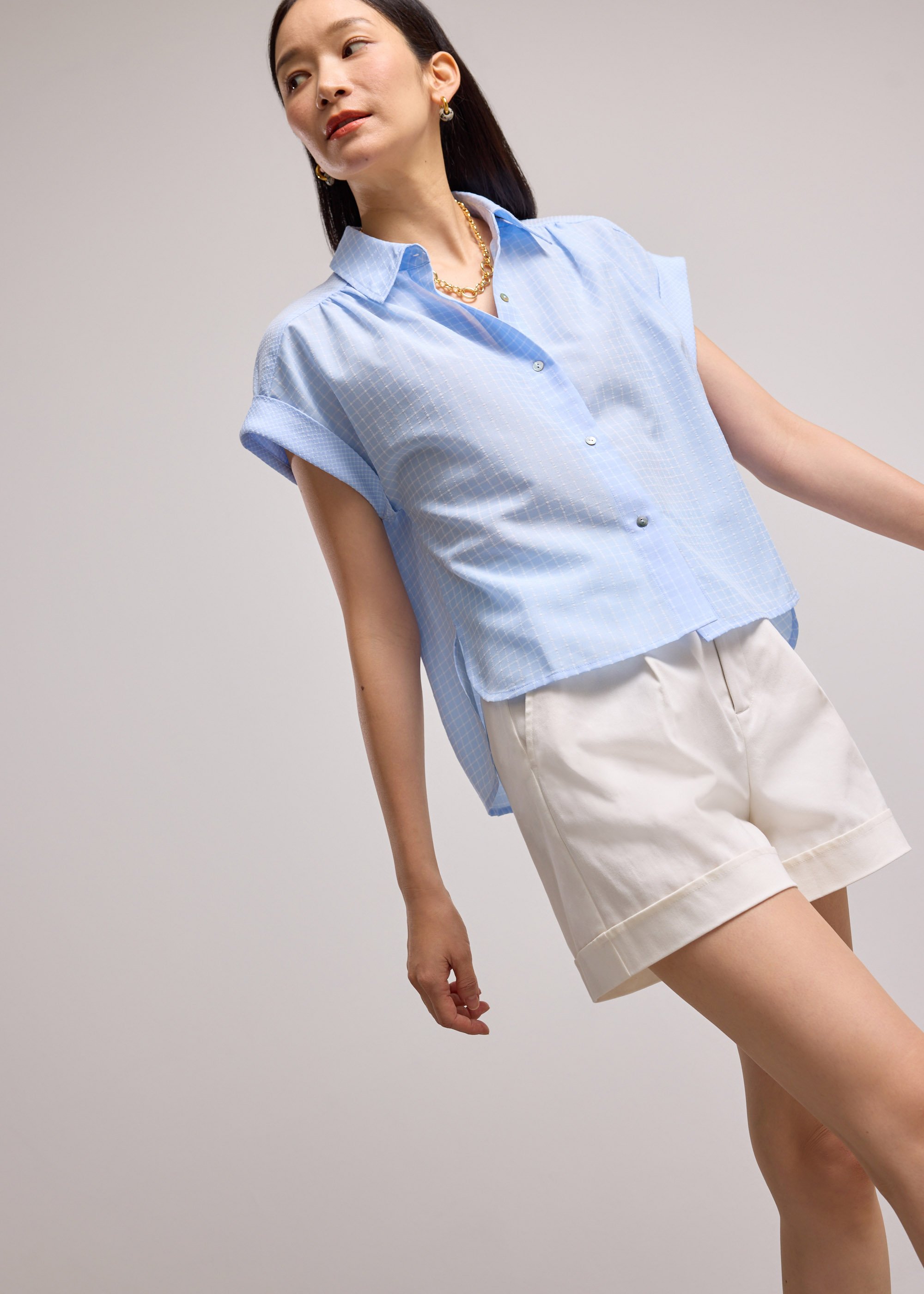 

Check Collared Button Down Cap Sleeve Shell Top Love, Bonito