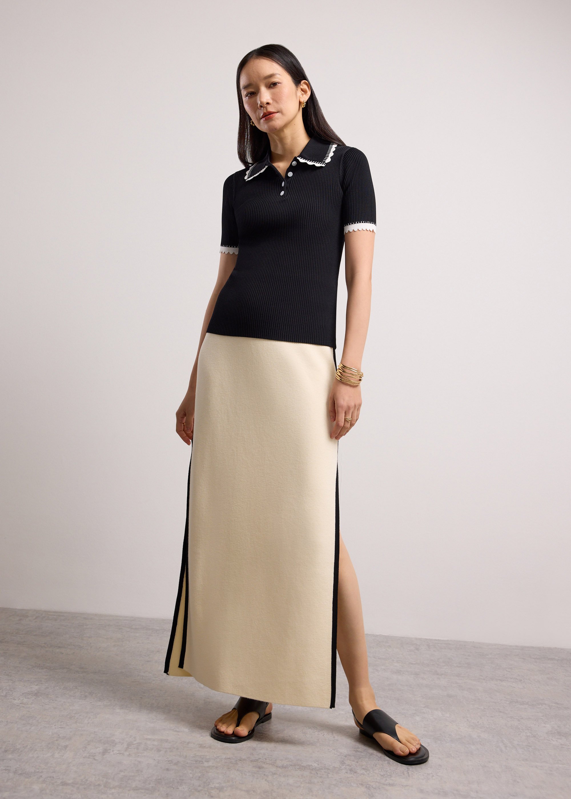 

Contrast Trim Pointelle Knit Peter Pan Collar Top Love, Bonito