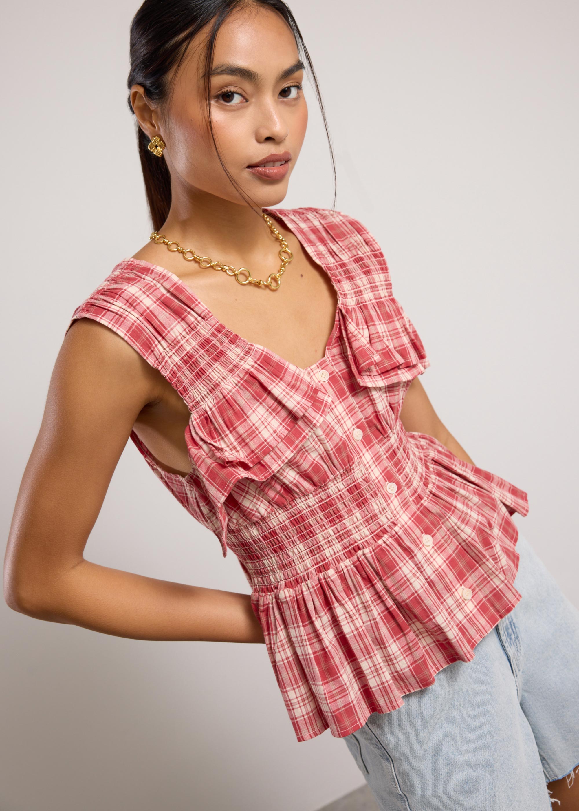 

Crinkled Plaid V-neck Button Down Peplum Top Love, Bonito