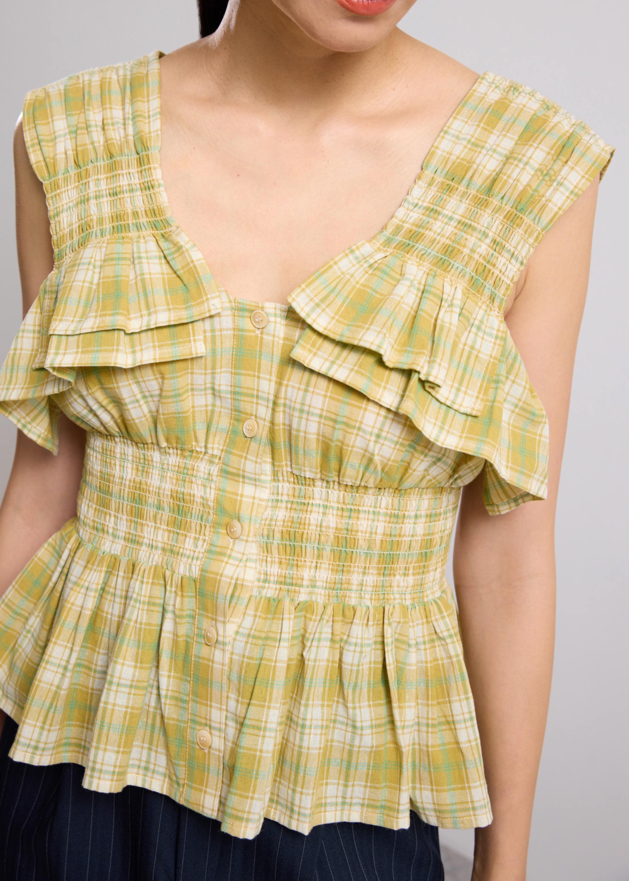 

Crinkled Plaid V-neck Button Down Peplum Top Love, Bonito