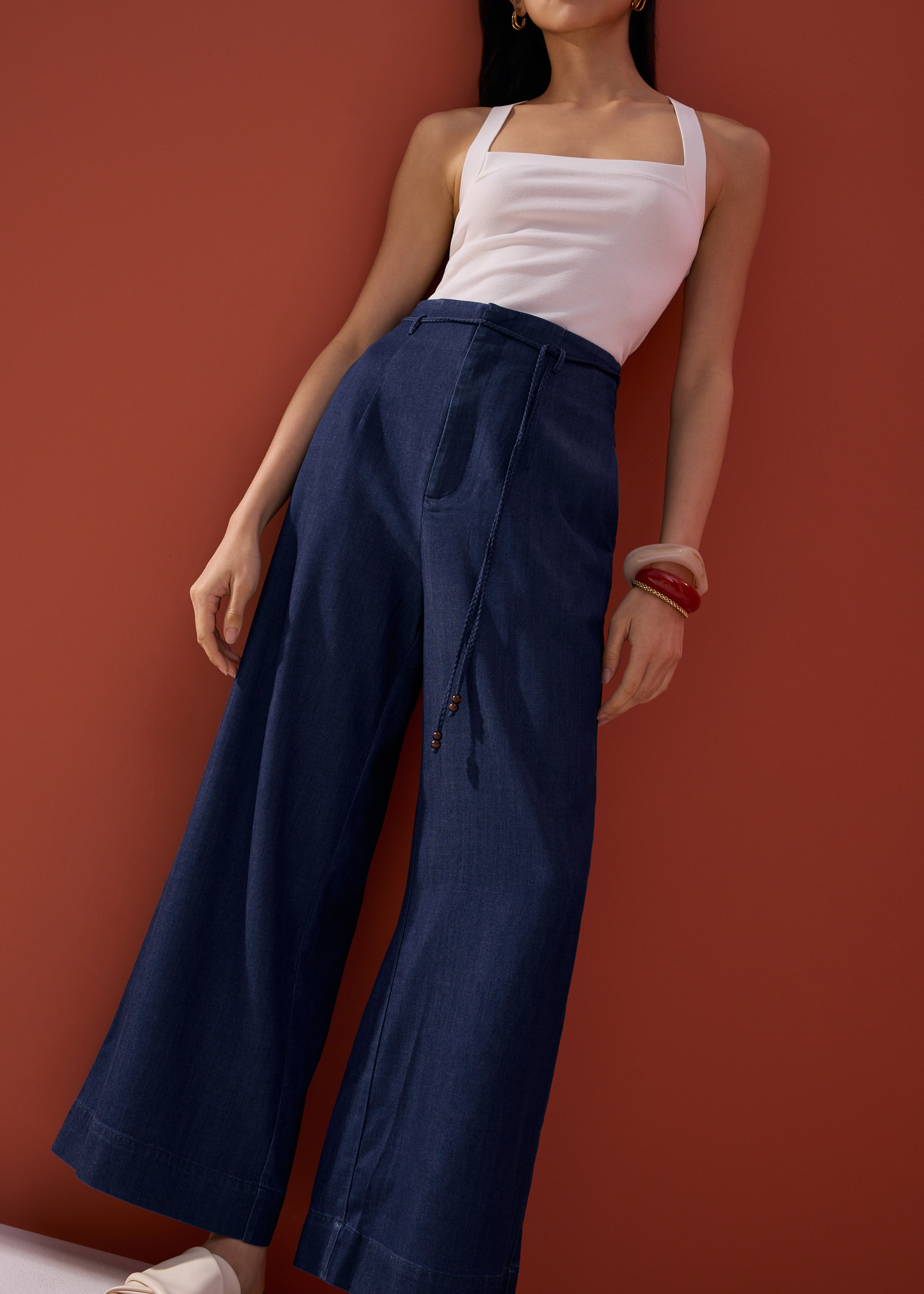 

Detachable Sash Chambray Straight Leg Ankle Length Pants