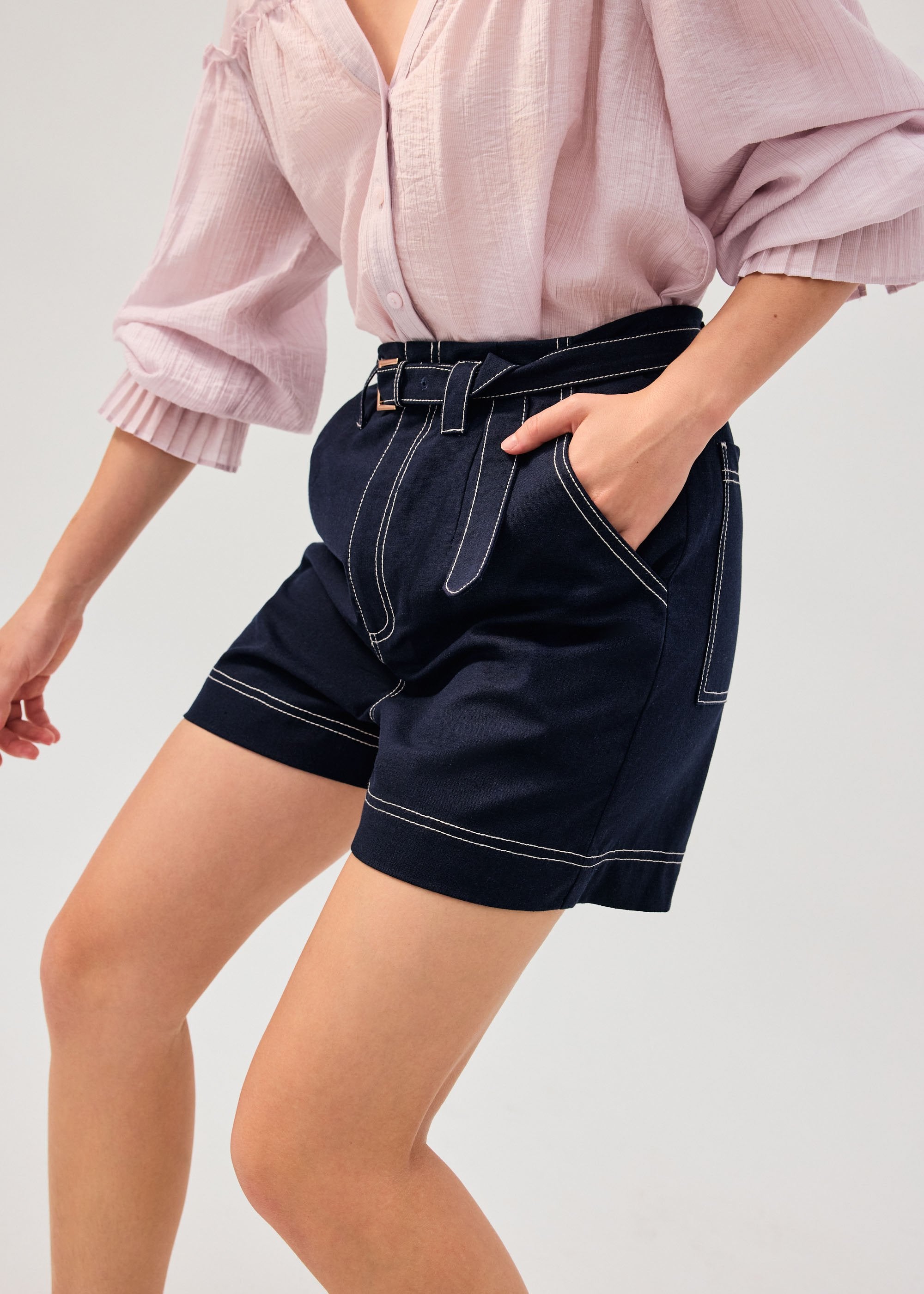 Belted Contrast Stitch High Waist Shorts Love, Bonito