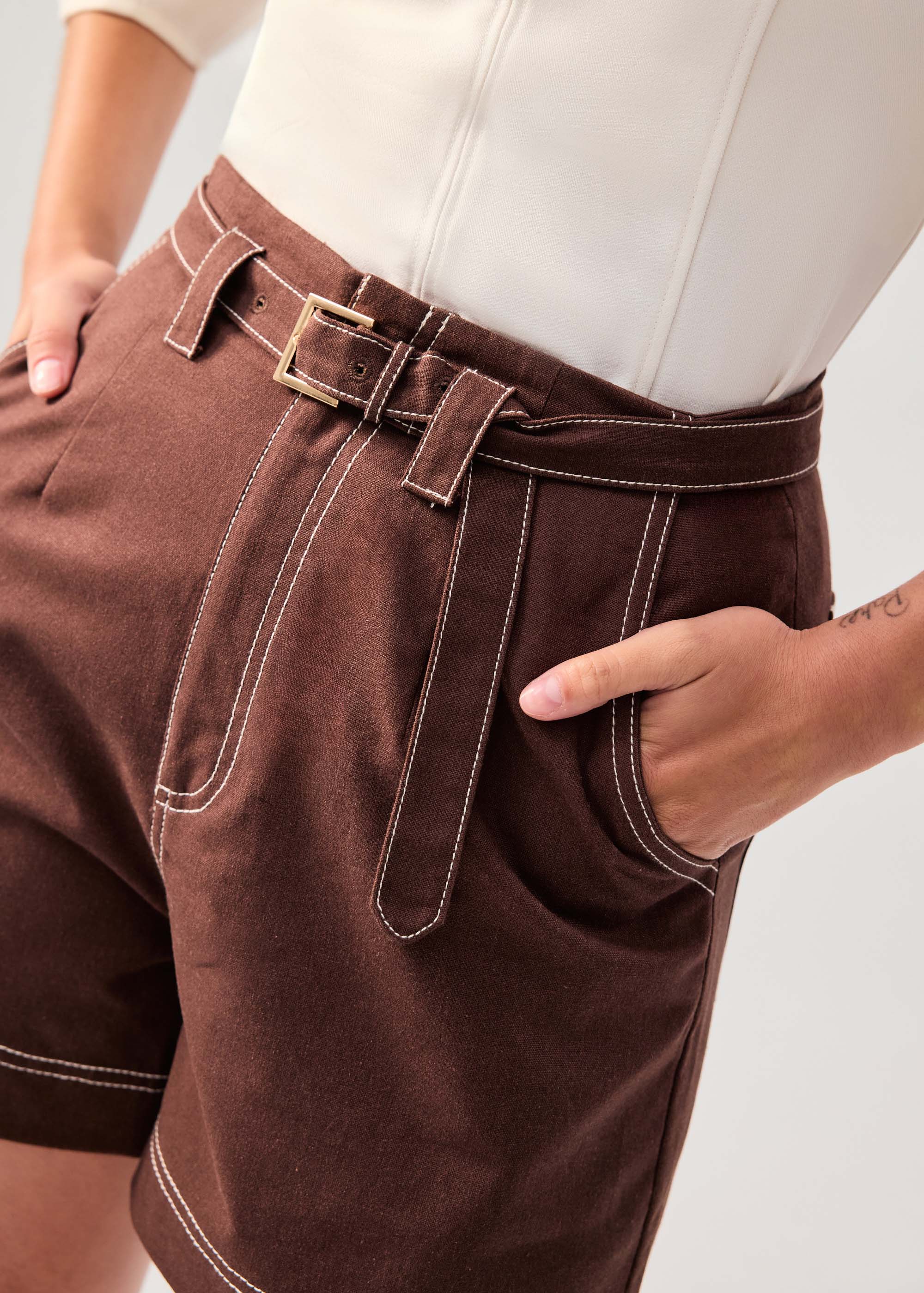 Belted Contrast Stitch High Waist Shorts Love, Bonito