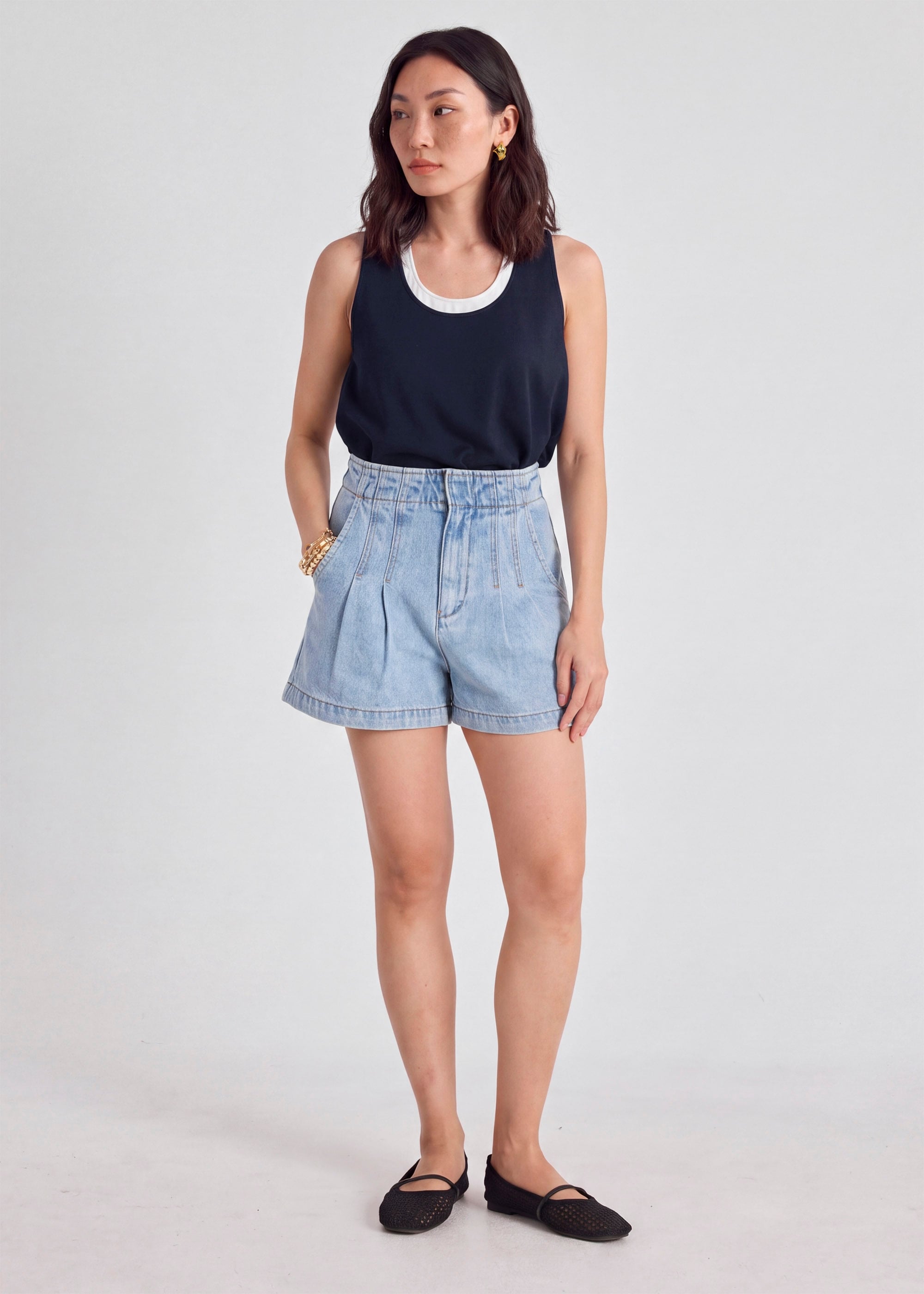 Denim Contrast Stitch A-line Shorts Love, Bonito: retailer-supplied image