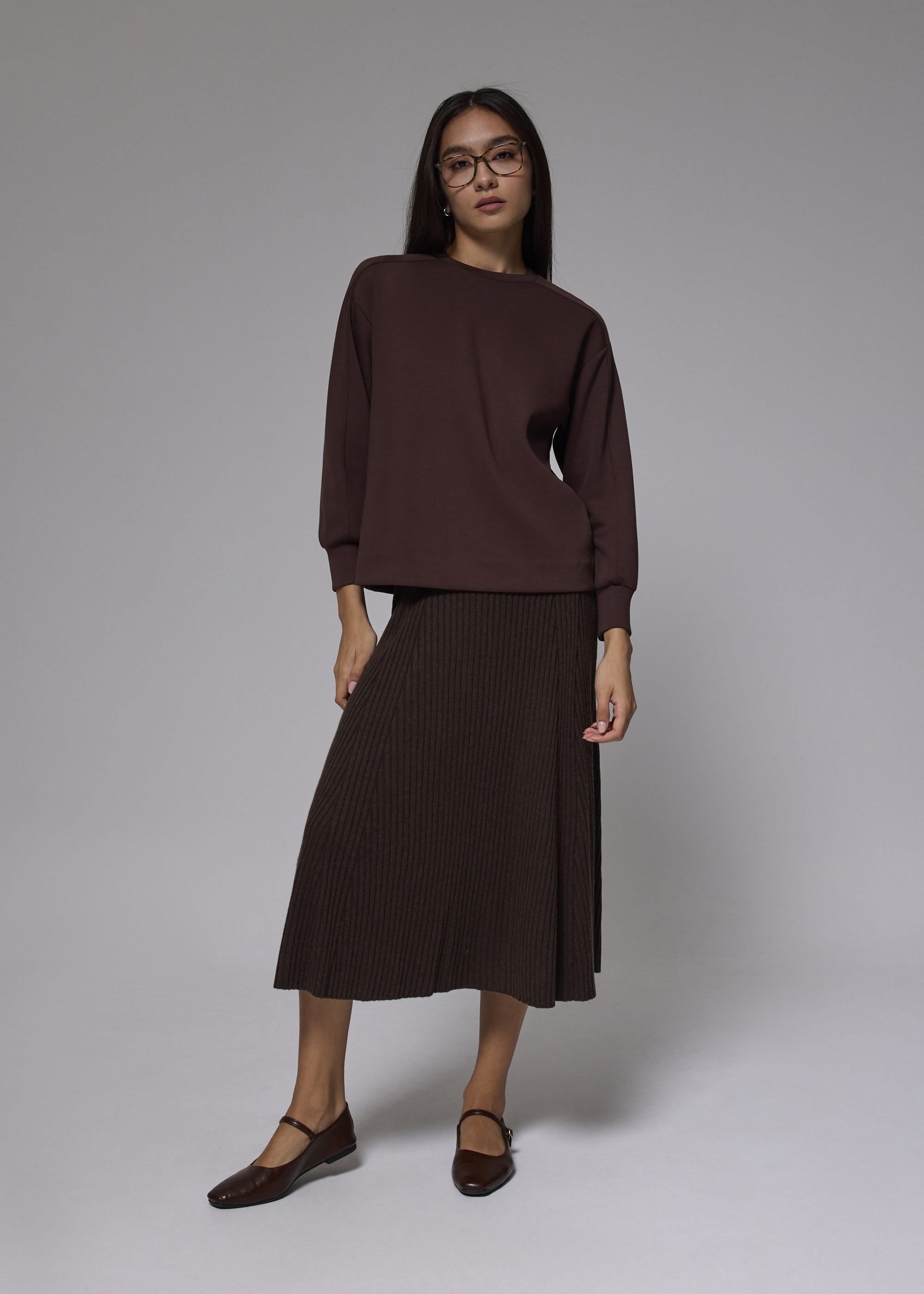 

Elastic Ribbed Knit Flare Midi Skirt-273-XL