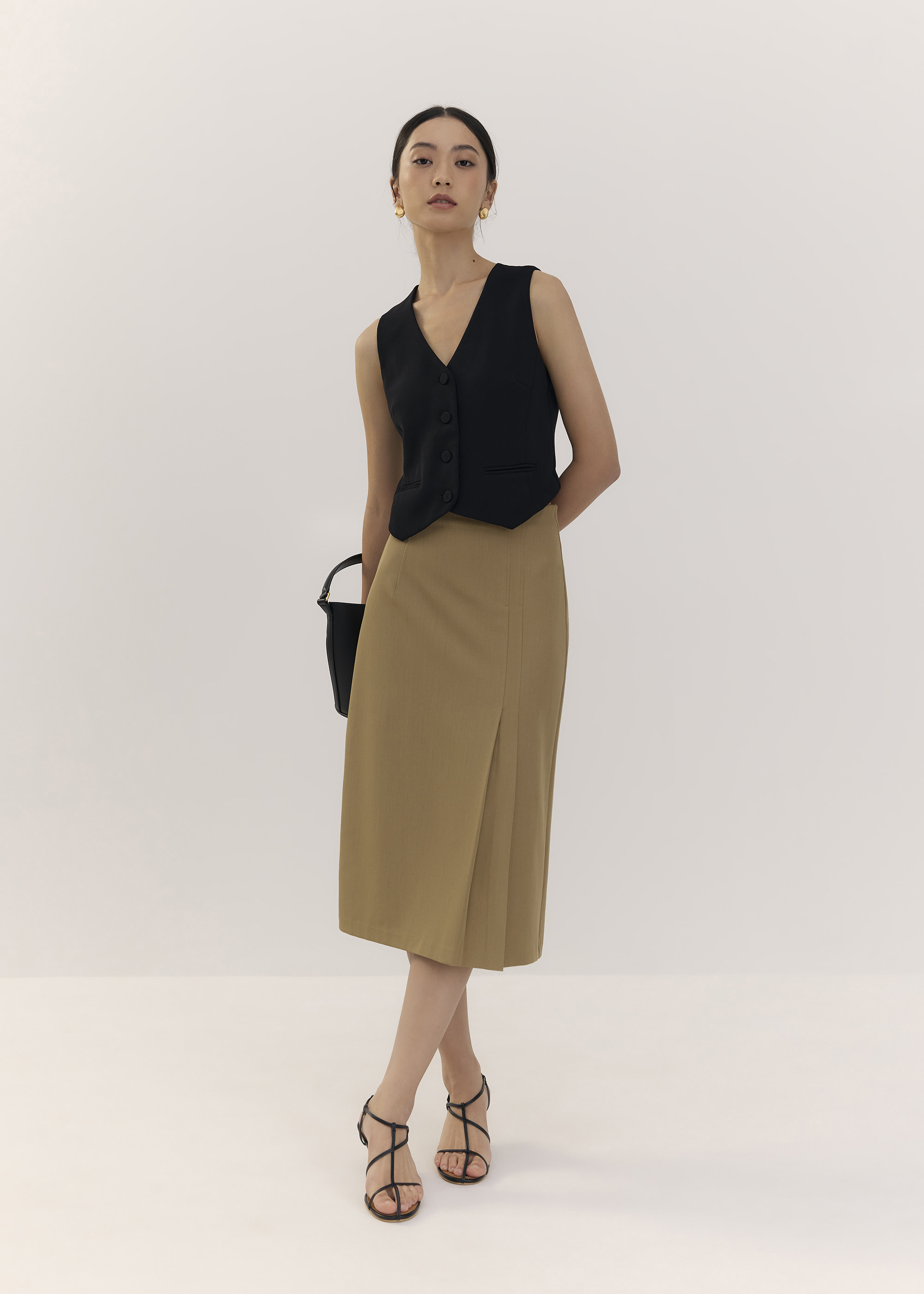 

Pleated High Waist Column Midi Skirt