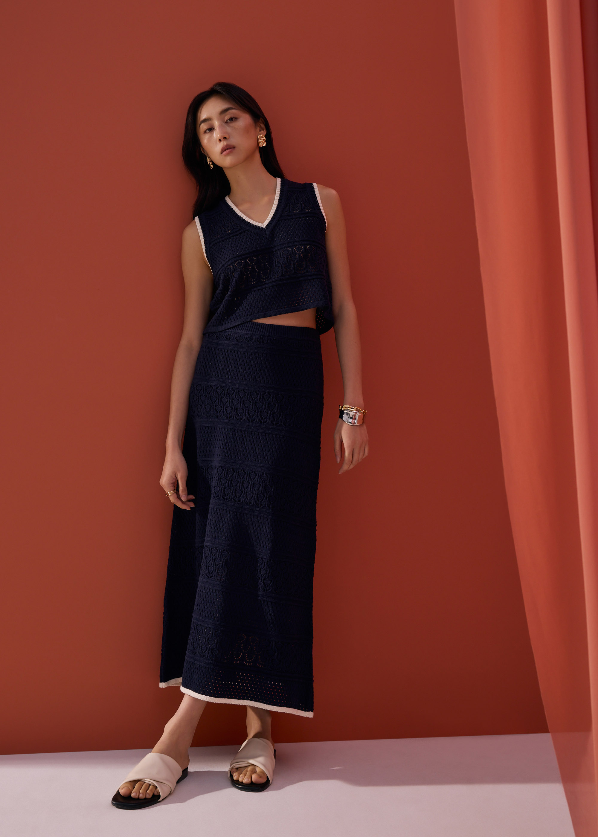 

Pointelle Contrast Knit High Waist Column Midaxi Skirt