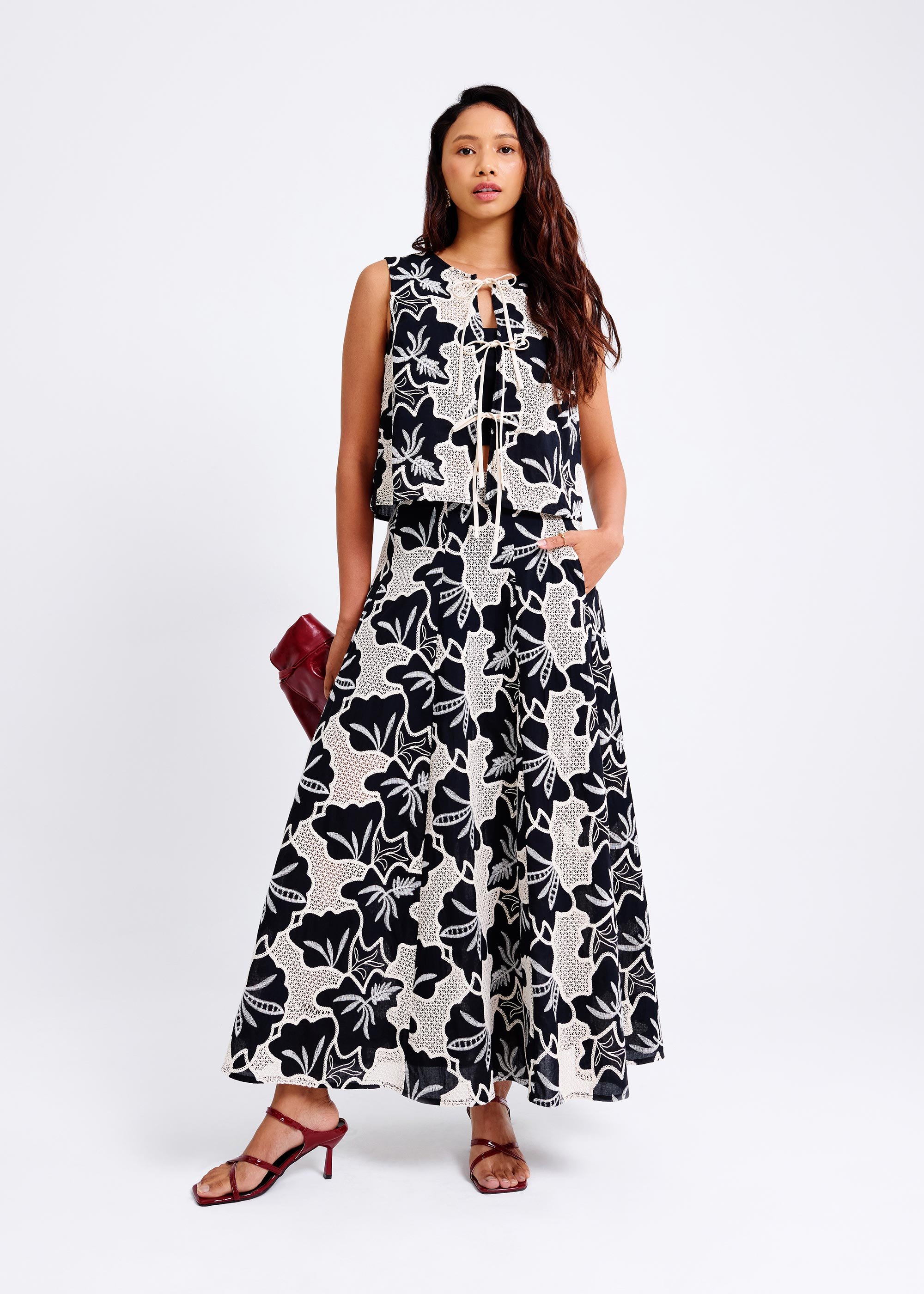 

High Waist Flare Maxi Skirt in Midnight Blooms Broderie