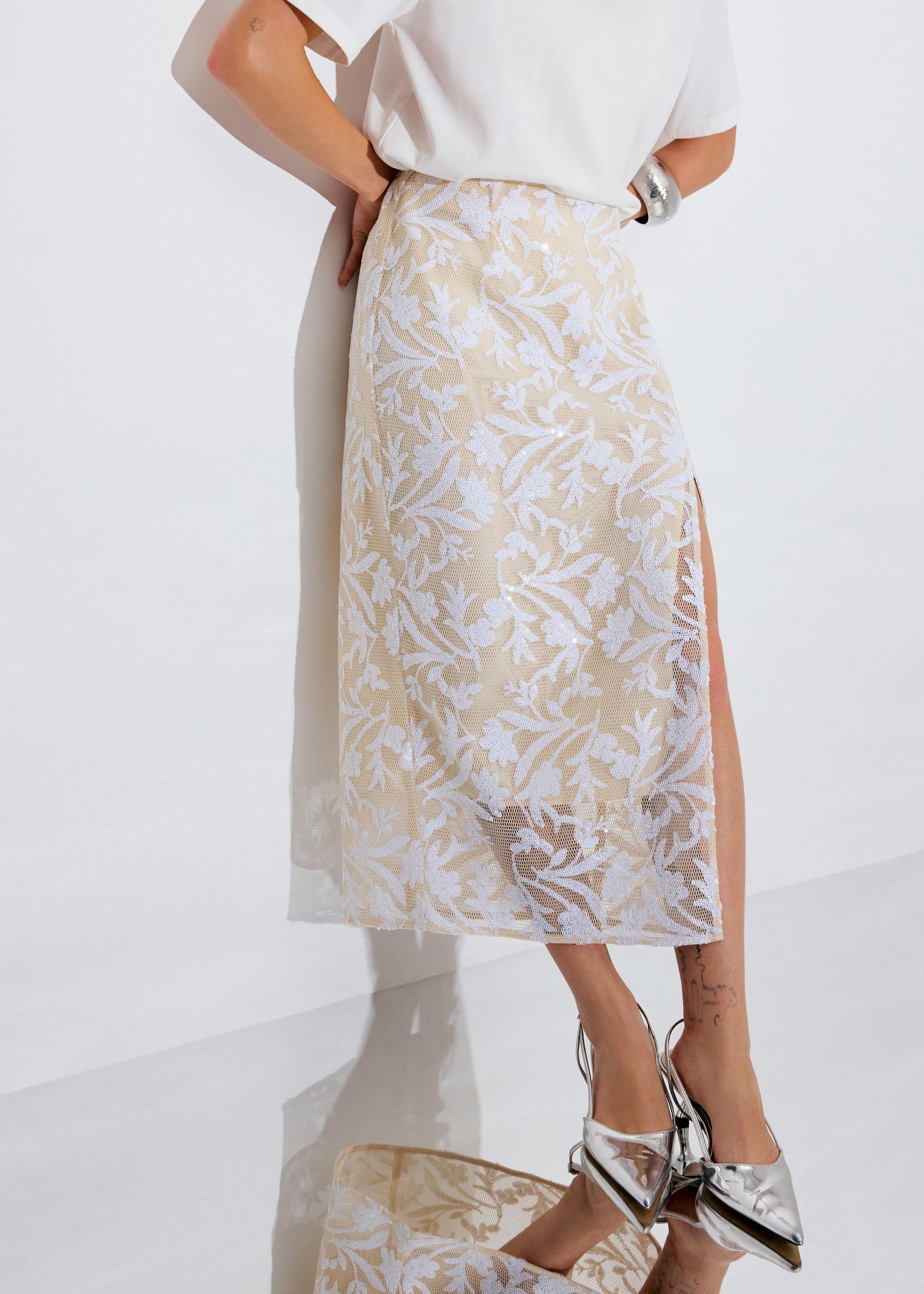 Floral Sequin High Waist Side Slit Column Midaxi Skirt Love, Bonito