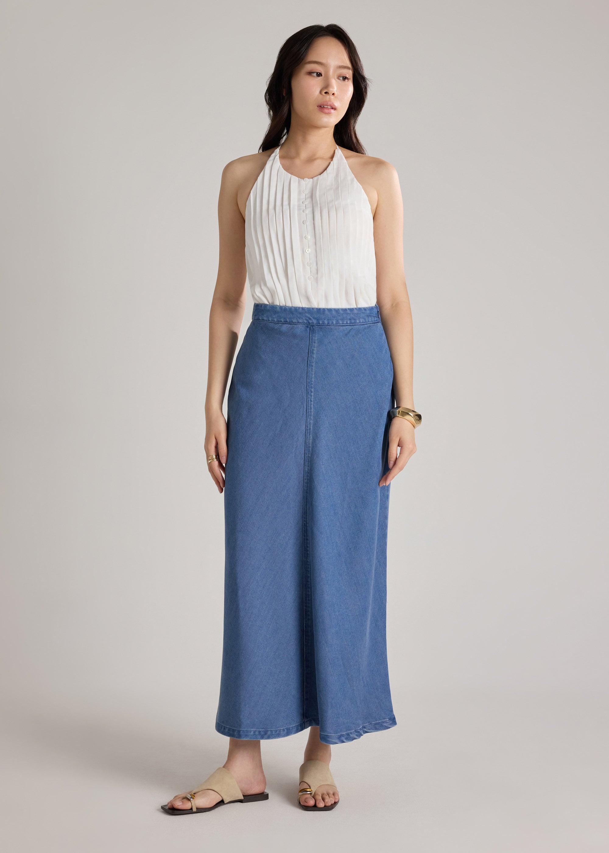 Reversible Denim Bias Cut Skirt Love, Bonito: retailer-supplied image