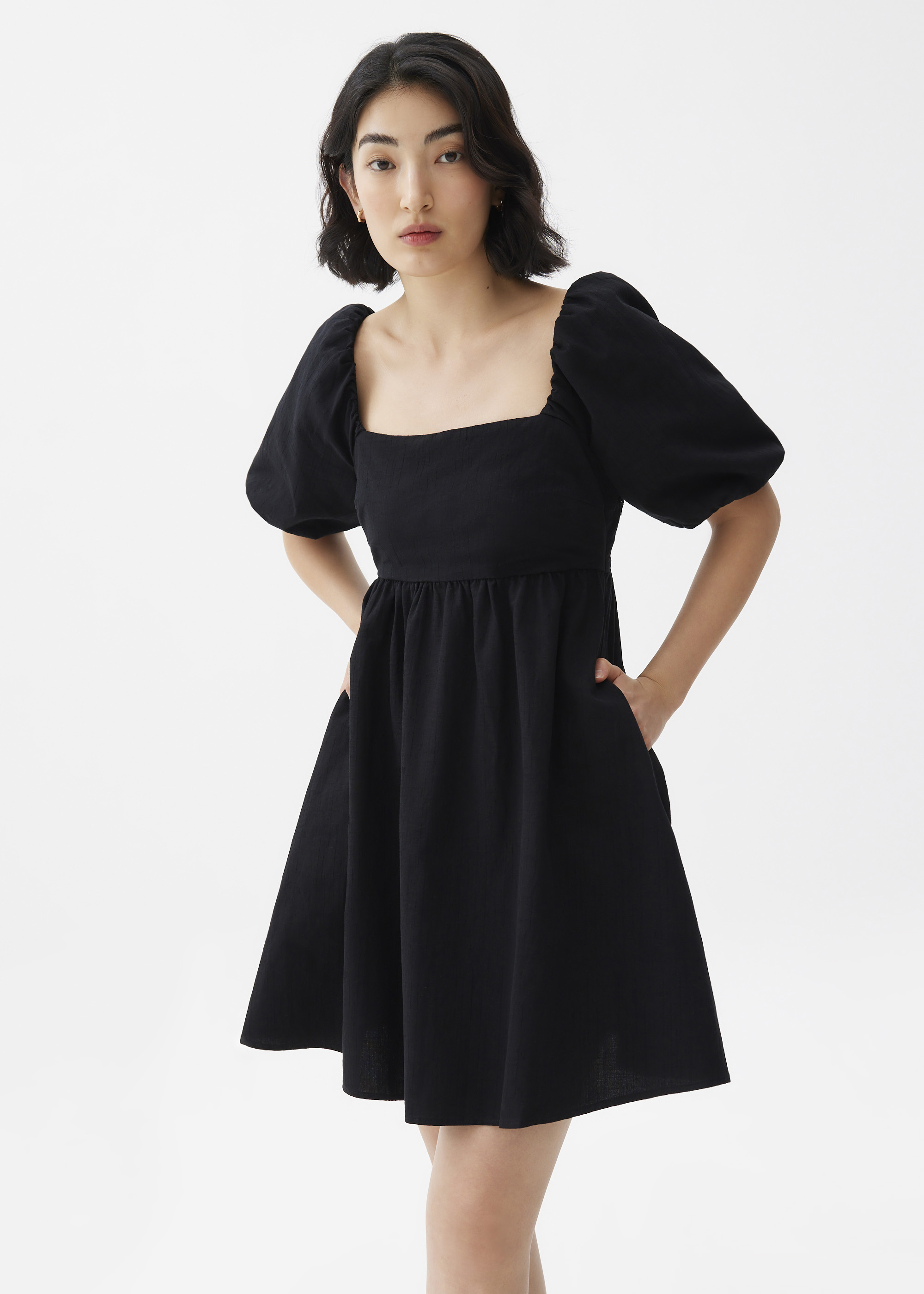 

Puff Sleeve Babydoll Mini Dress-014-L