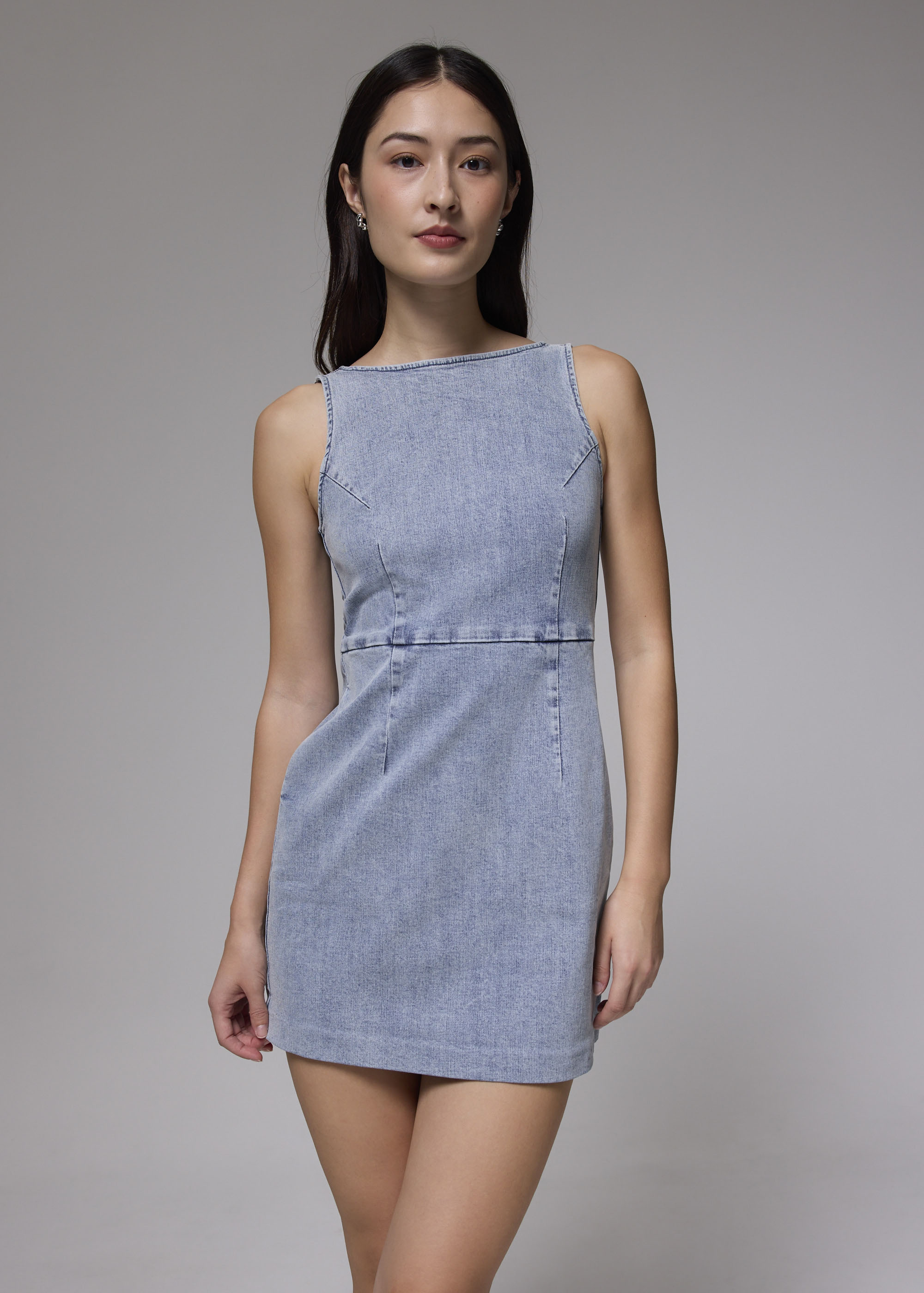 

Denim Boat Neck A-line Mini Dress-417-XS