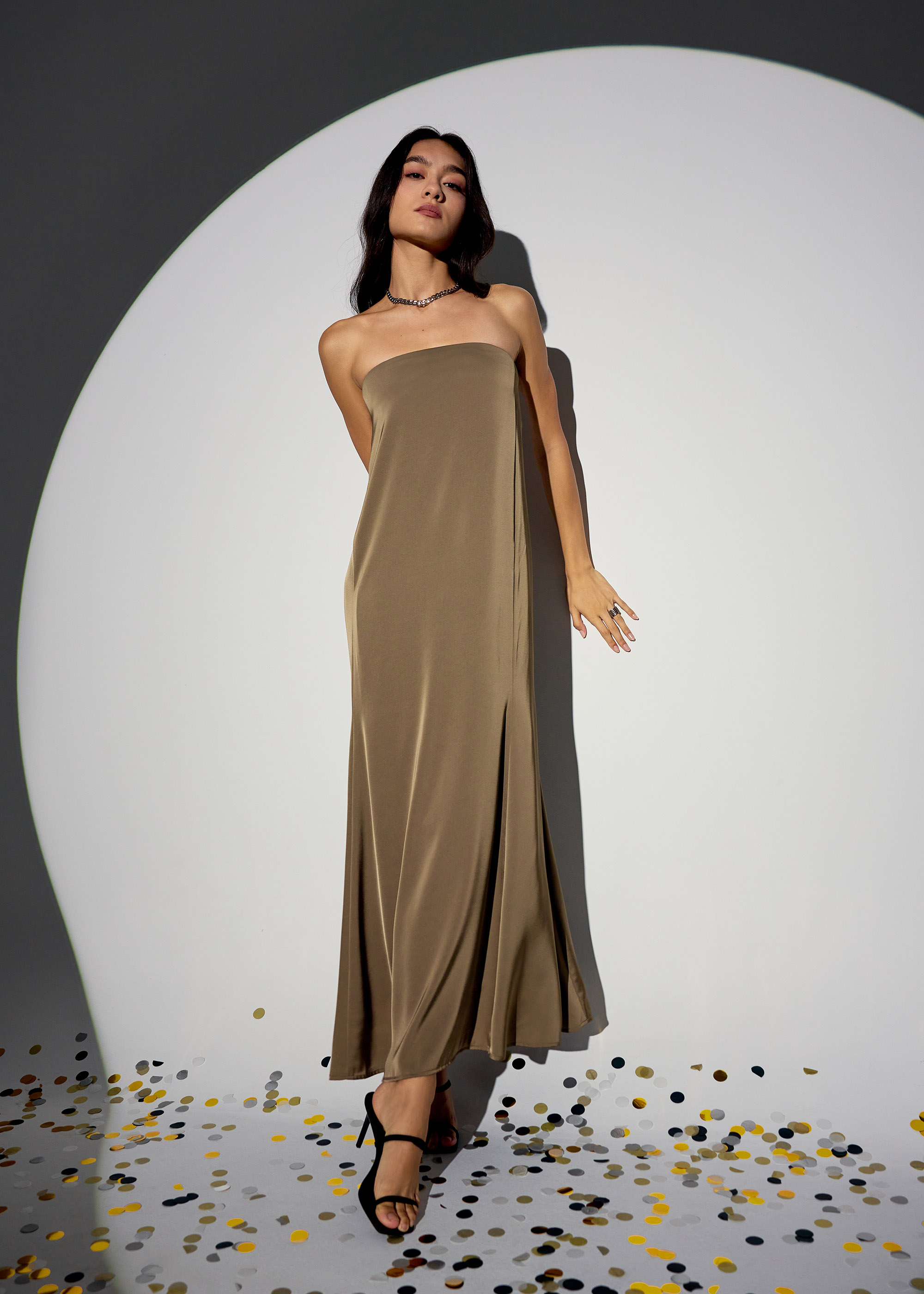 

Padded Satin Tube Bias Cut Maxi Dress-268-M