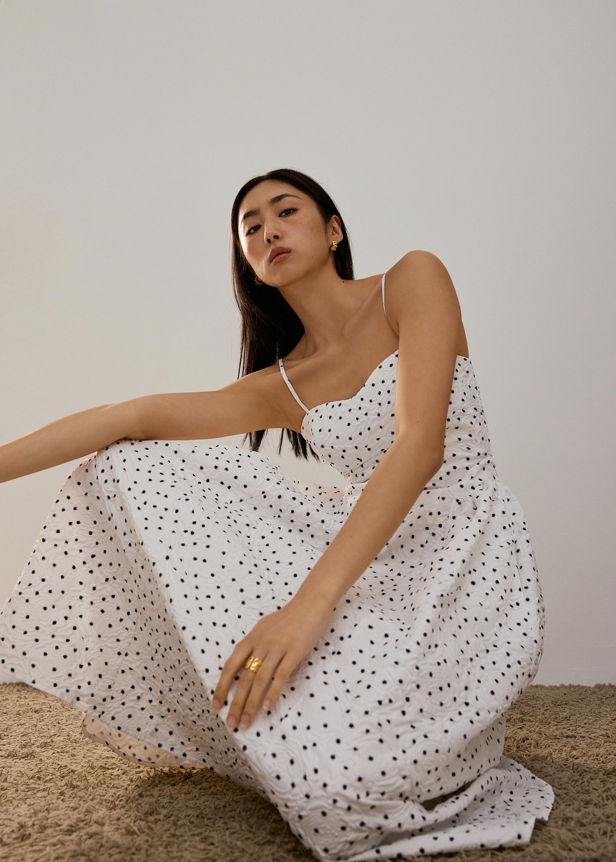 

Padded Crinkled Polka Dot Sweetheart Fit & Flare Midaxi Dress