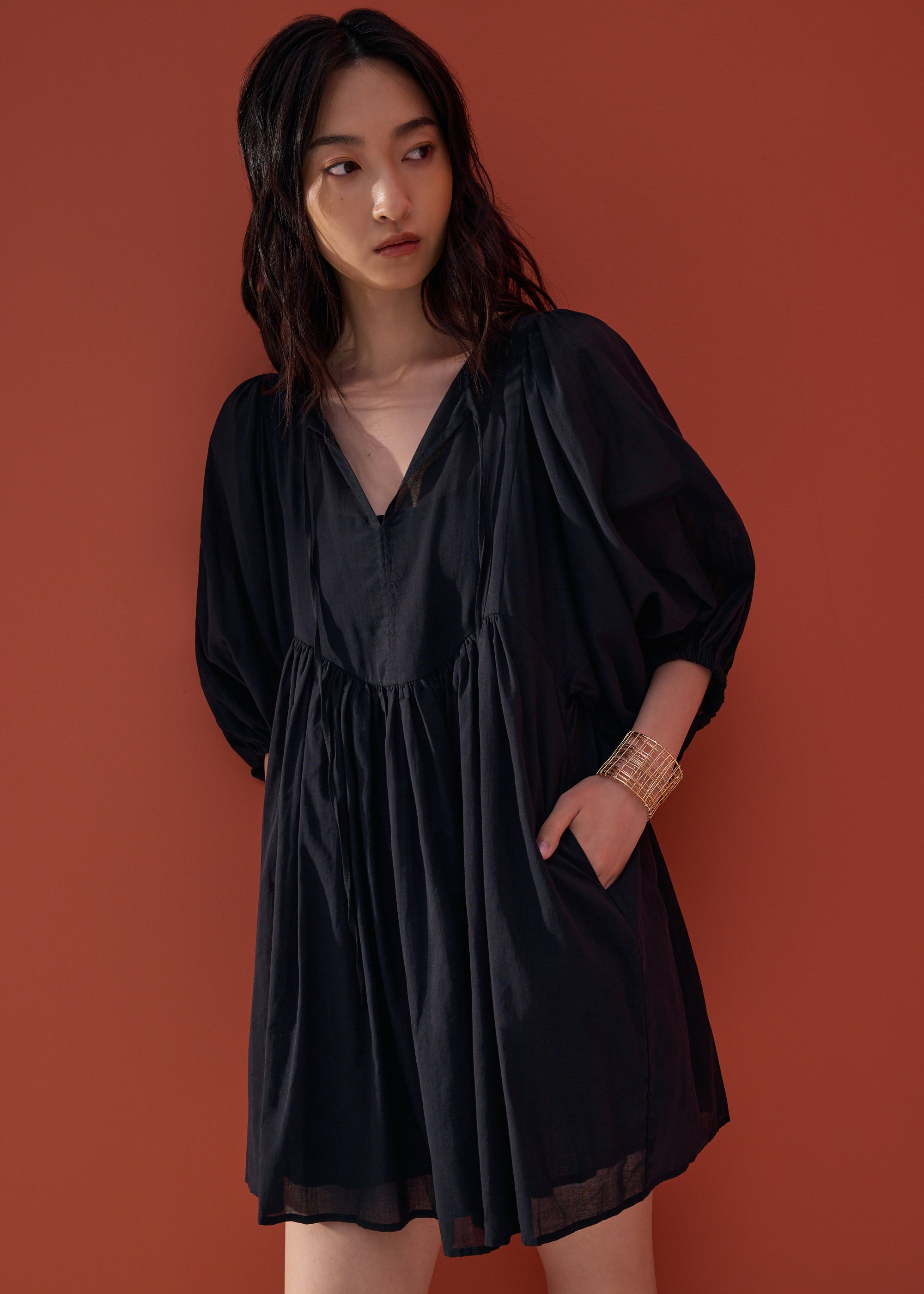 

Cotton Puff Sleeve Babydoll Swing Mini Dress in Oasis Flow