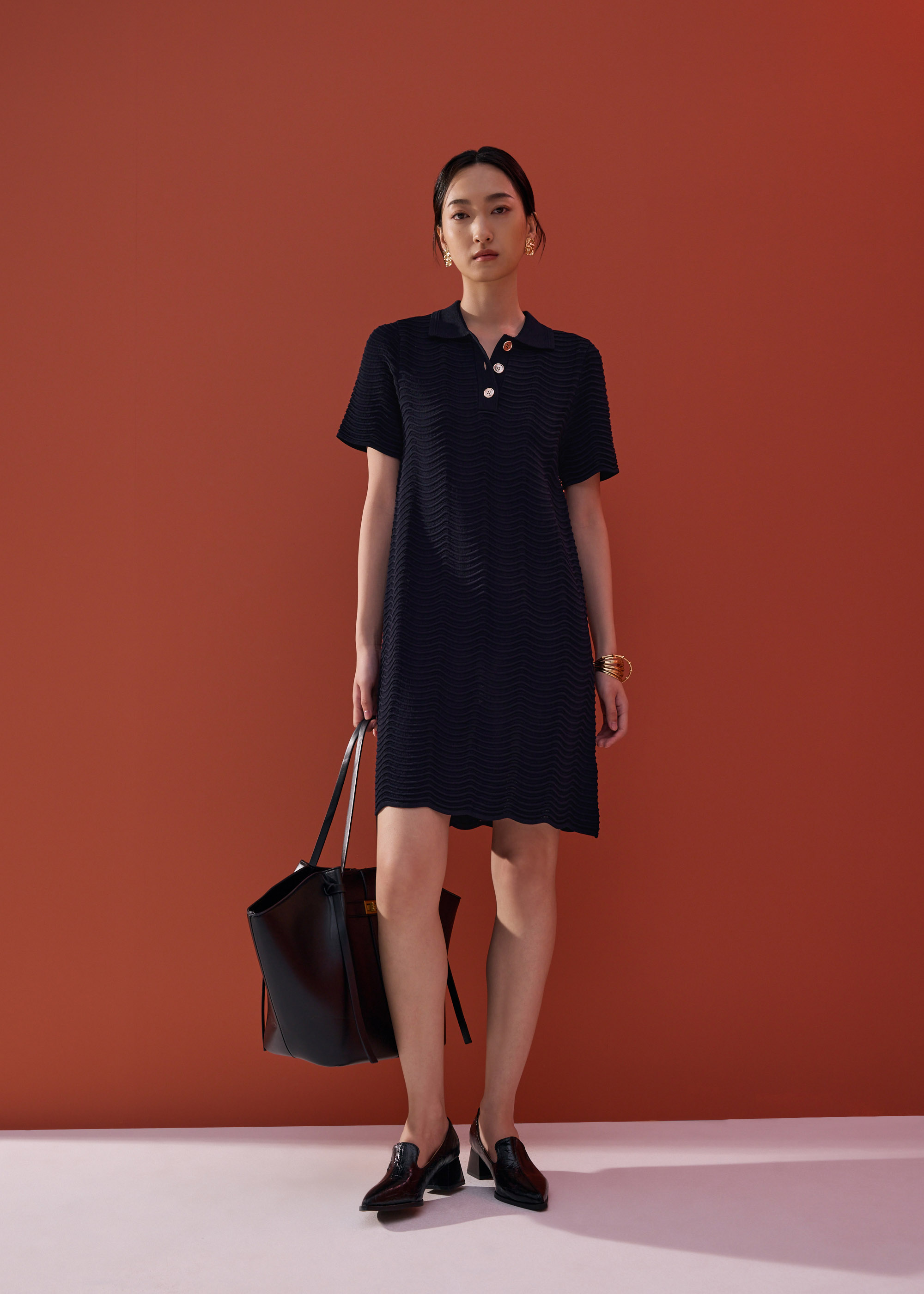 

Wavy Knit Collared A-Line Mini Dress