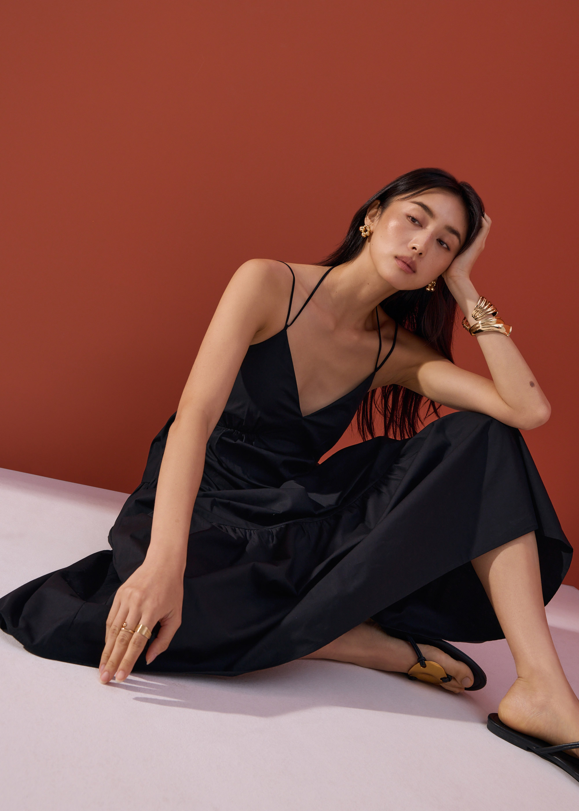 

Padded Cotton Fit & Flare Tiered Midaxi Dress
