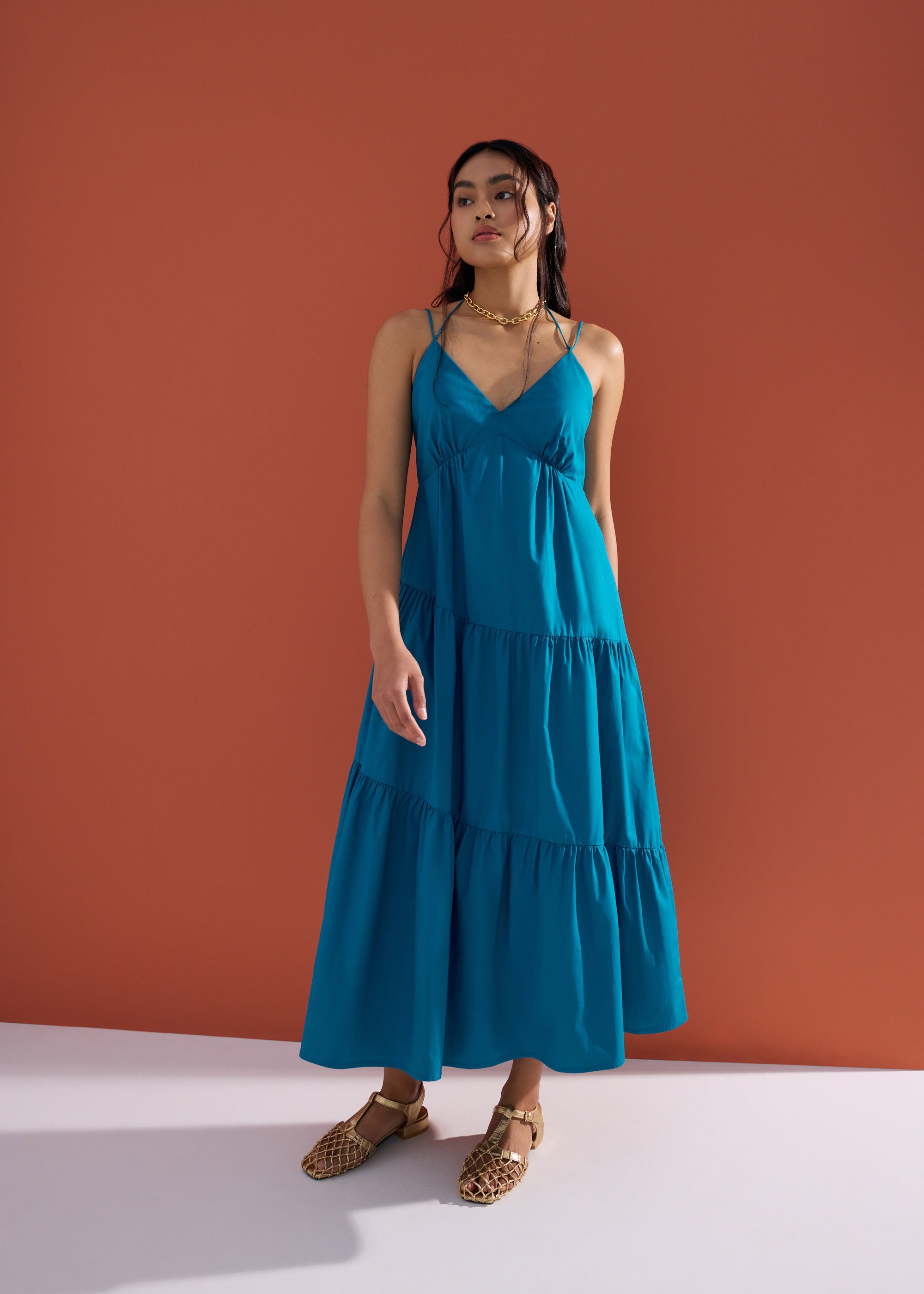 

Padded Cotton Fit & Flare Tiered Midaxi Dress