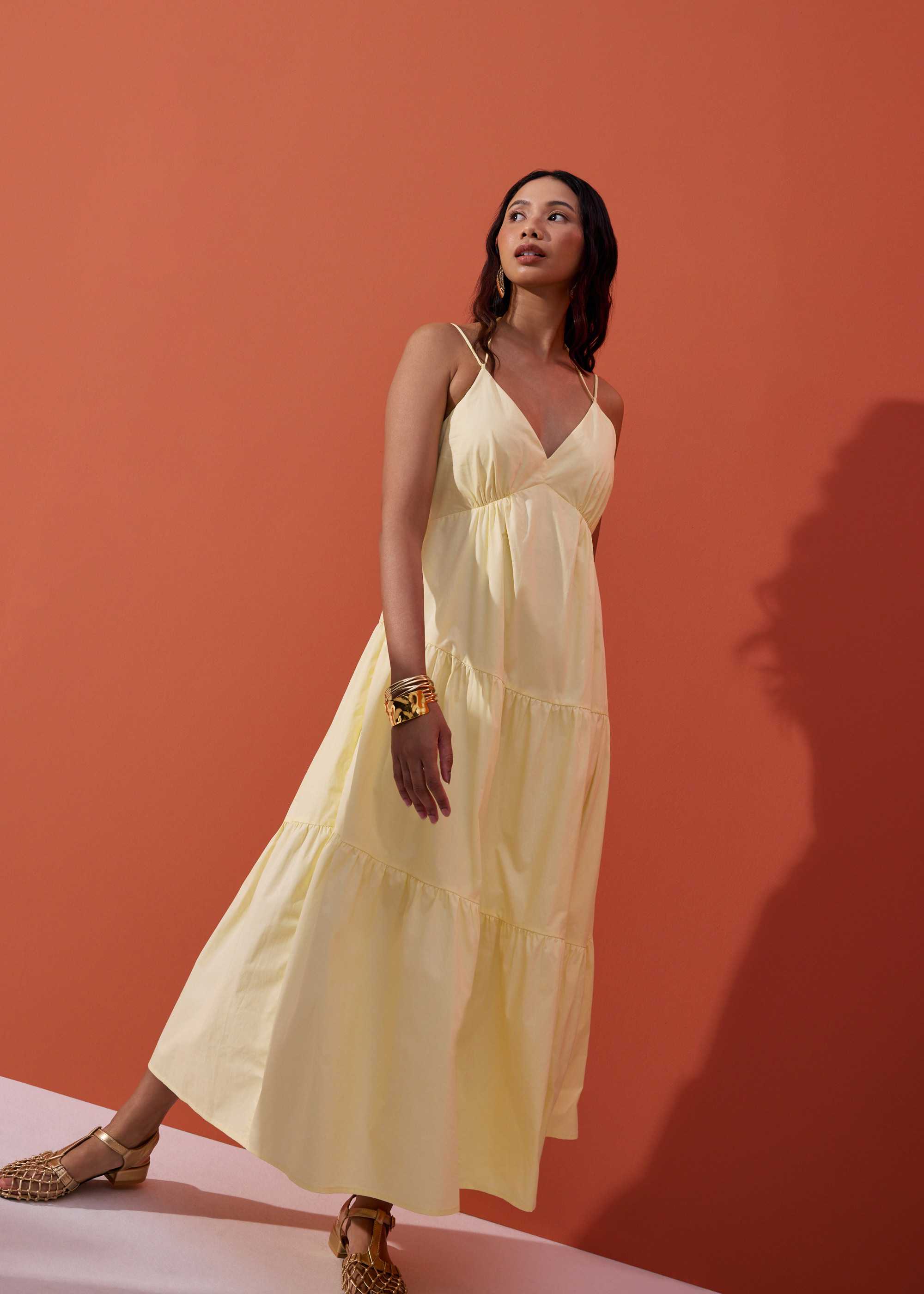 

Padded Cotton Fit & Flare Tiered Midaxi Dress